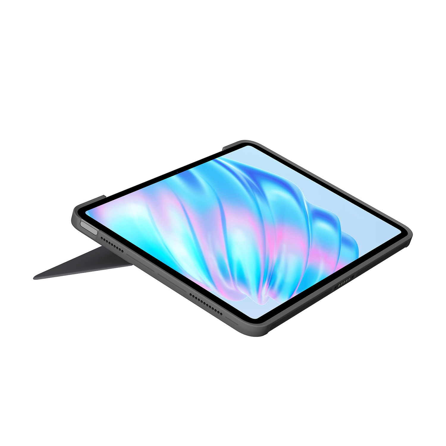 Un tablet con un supporto, che mostra una sfumatura di colori blu e viola sullo schermo.