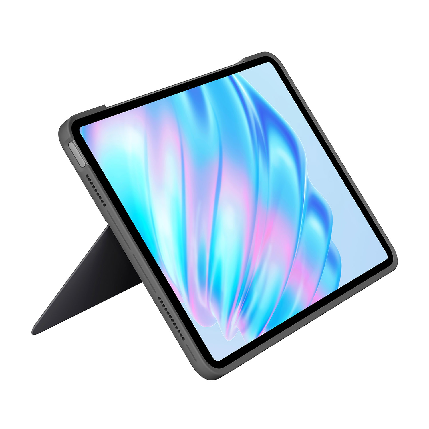 Un iPad in una custodia grigio scuro, appoggiato su un supporto, con schermo colorato.