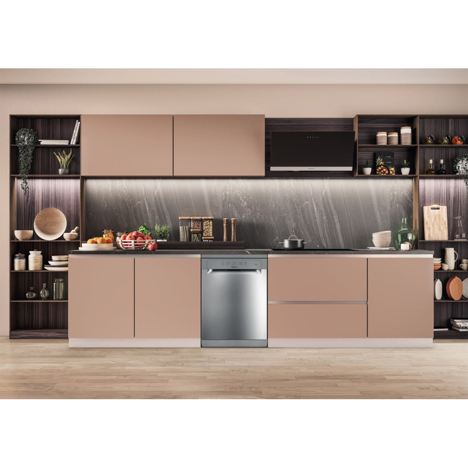 Una cucina moderna con mobili, lavastoviglie ed elettrodomestici integrati.