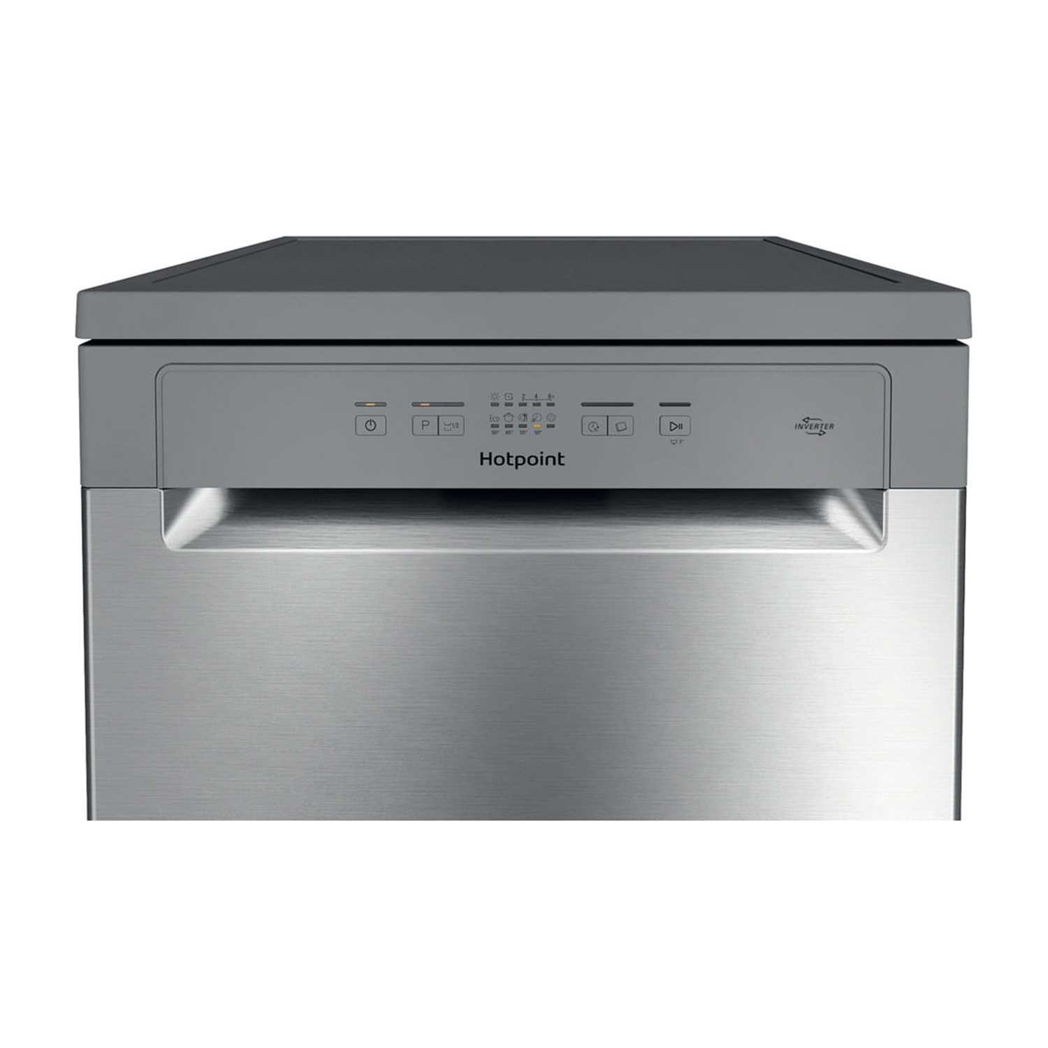 Lavastoviglie in acciaio inossidabile, pannello di controllo in alto. Marchio Hotpoint.