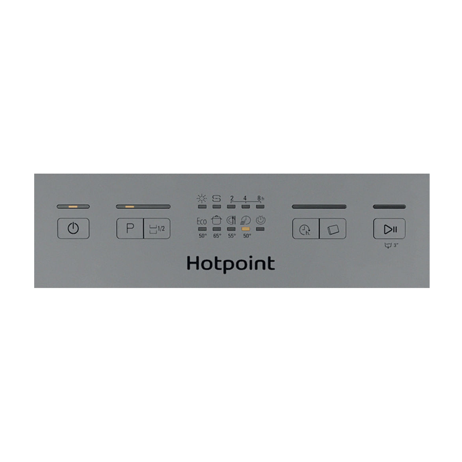 Primo piano del pannello di controllo di una lavastoviglie Hotpoint. Pulsanti e icone sono visibili.