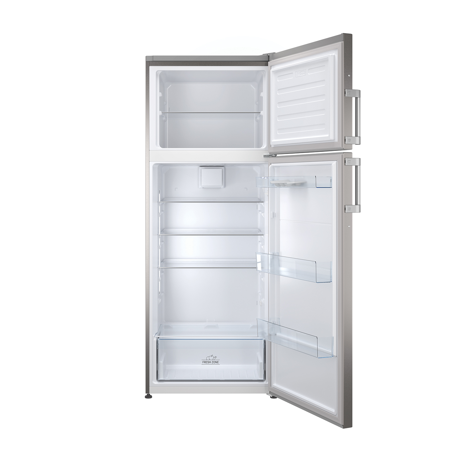 Frigorifero con ante aperte, che mostra ripiani e scomparti. Interno bianco.