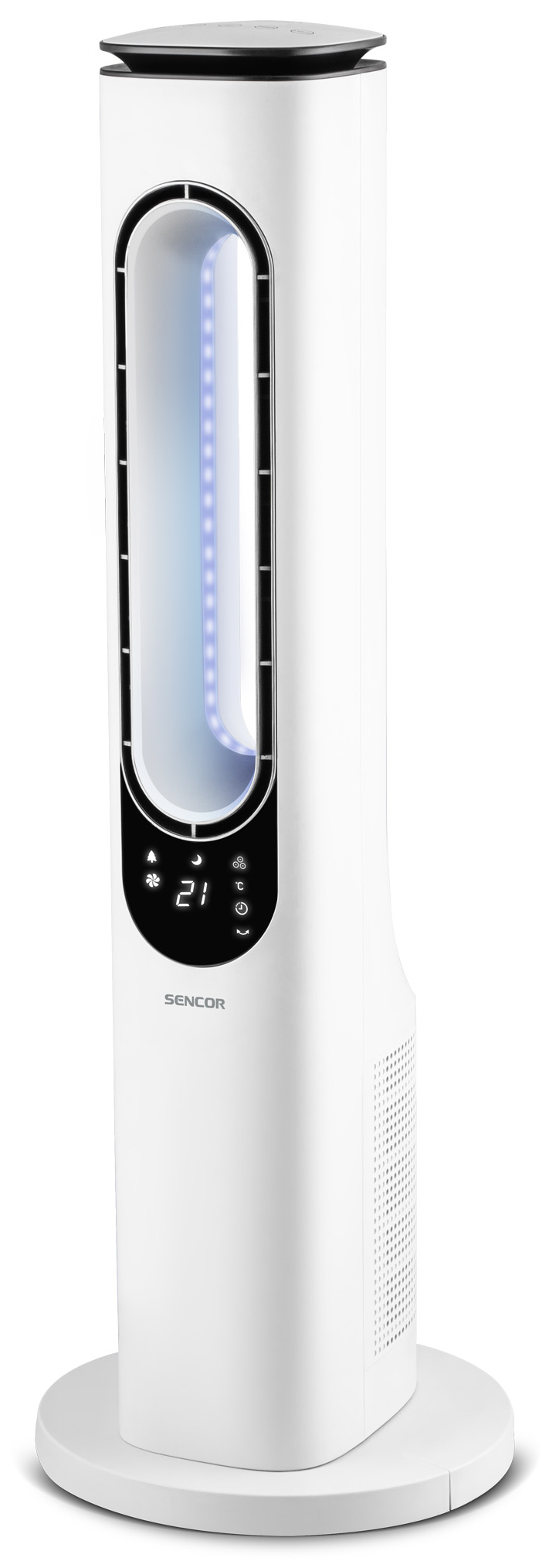 Fehér toronyventilátor digitális kijelzővel és kerek talppal. A ventilátor karcsú és modern.