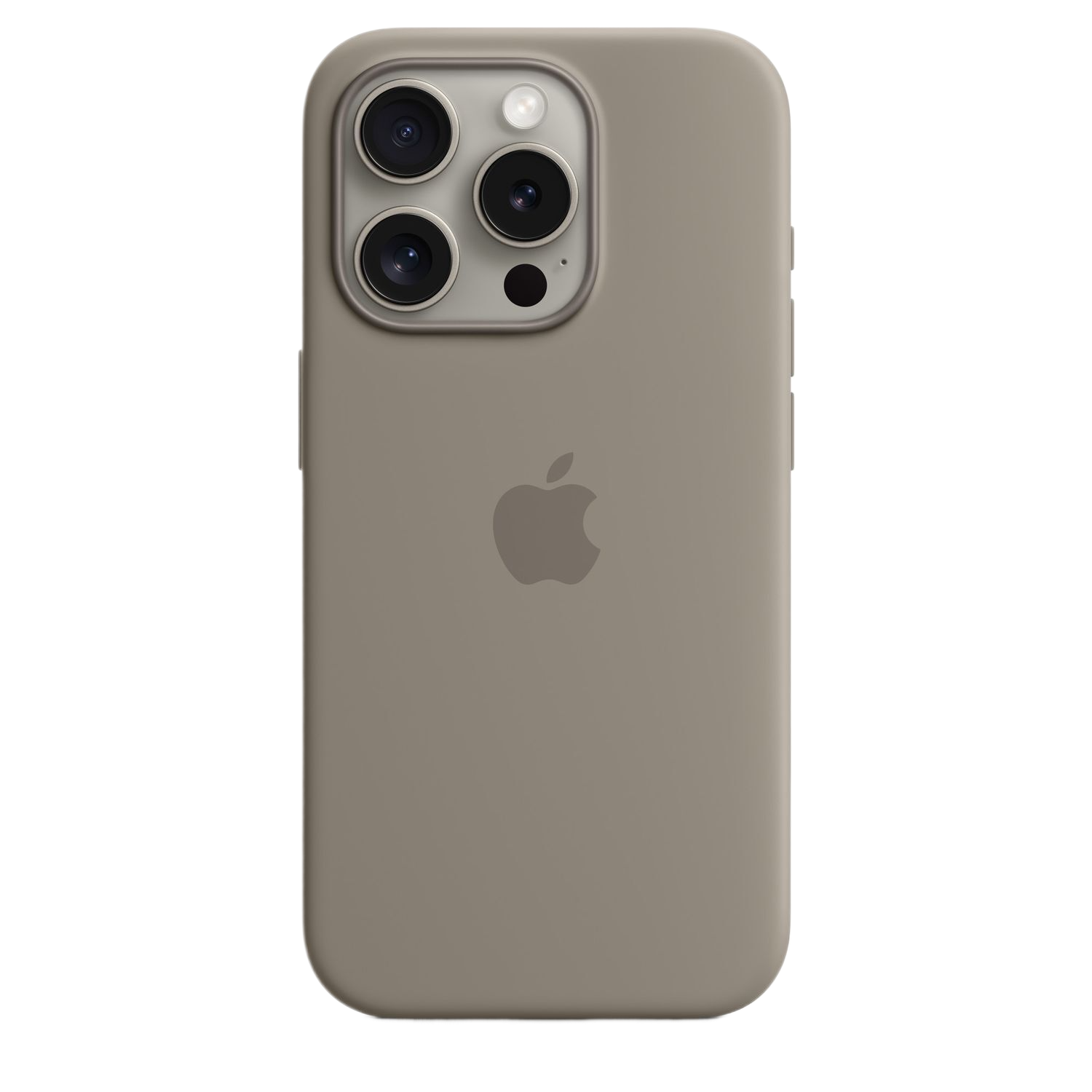 Een beige iPhone-hoesje met vier cameralenzen en een Apple-logo op een zwarte achtergrond.