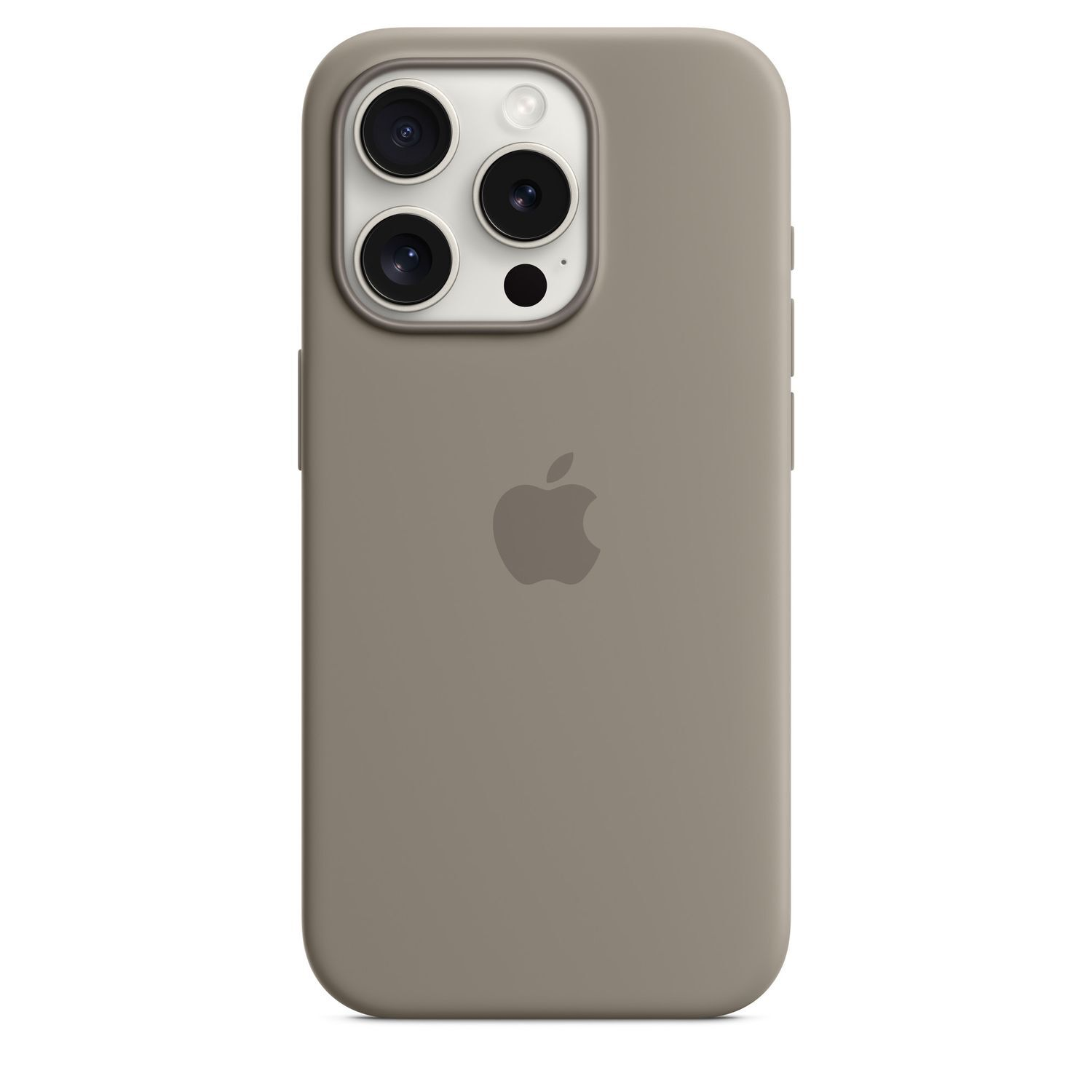 Een taupekleurige iPhone in een hoesje. De cameralenzen en het Apple-logo zijn zichtbaar. De achtergrond is effen wit.