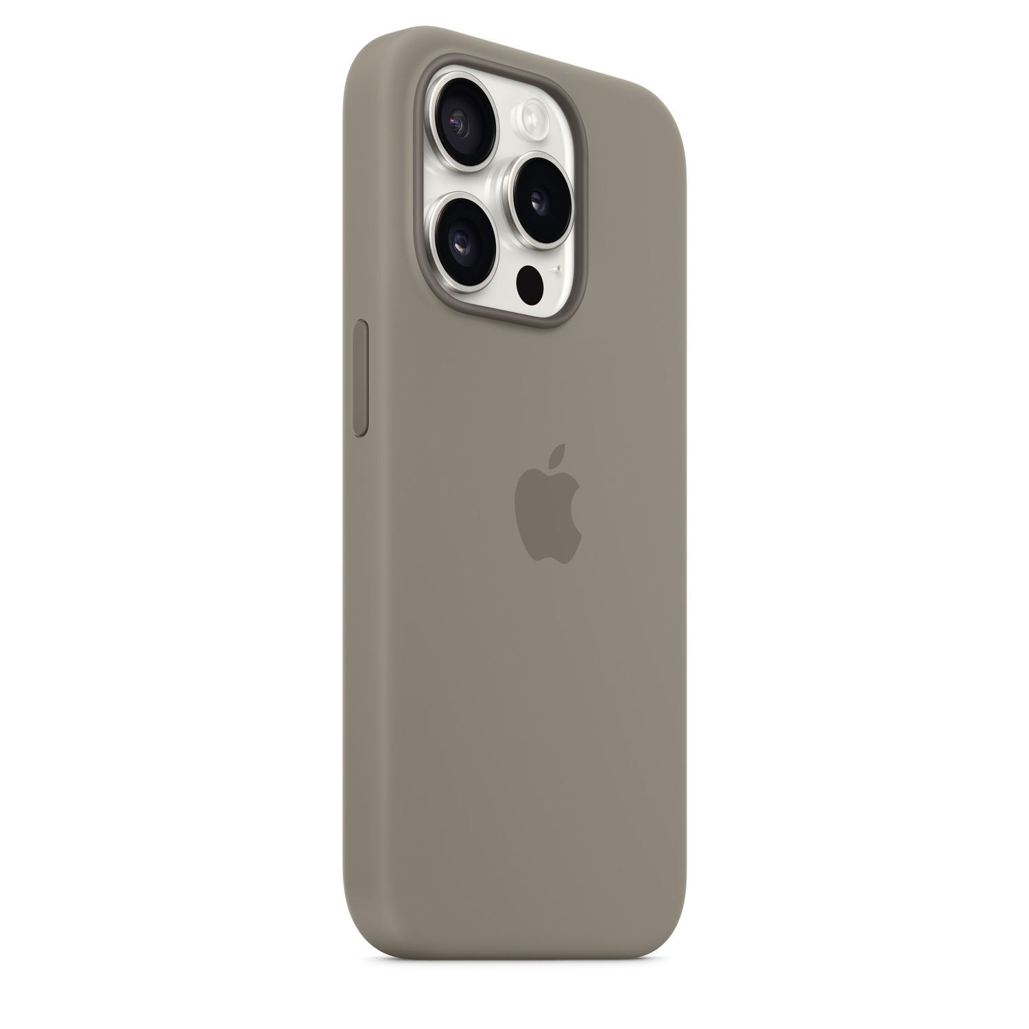 Een taupekleurige iPhone-hoes met drie cameralenzen en een Apple-logo. De hoes staat op een witte achtergrond.