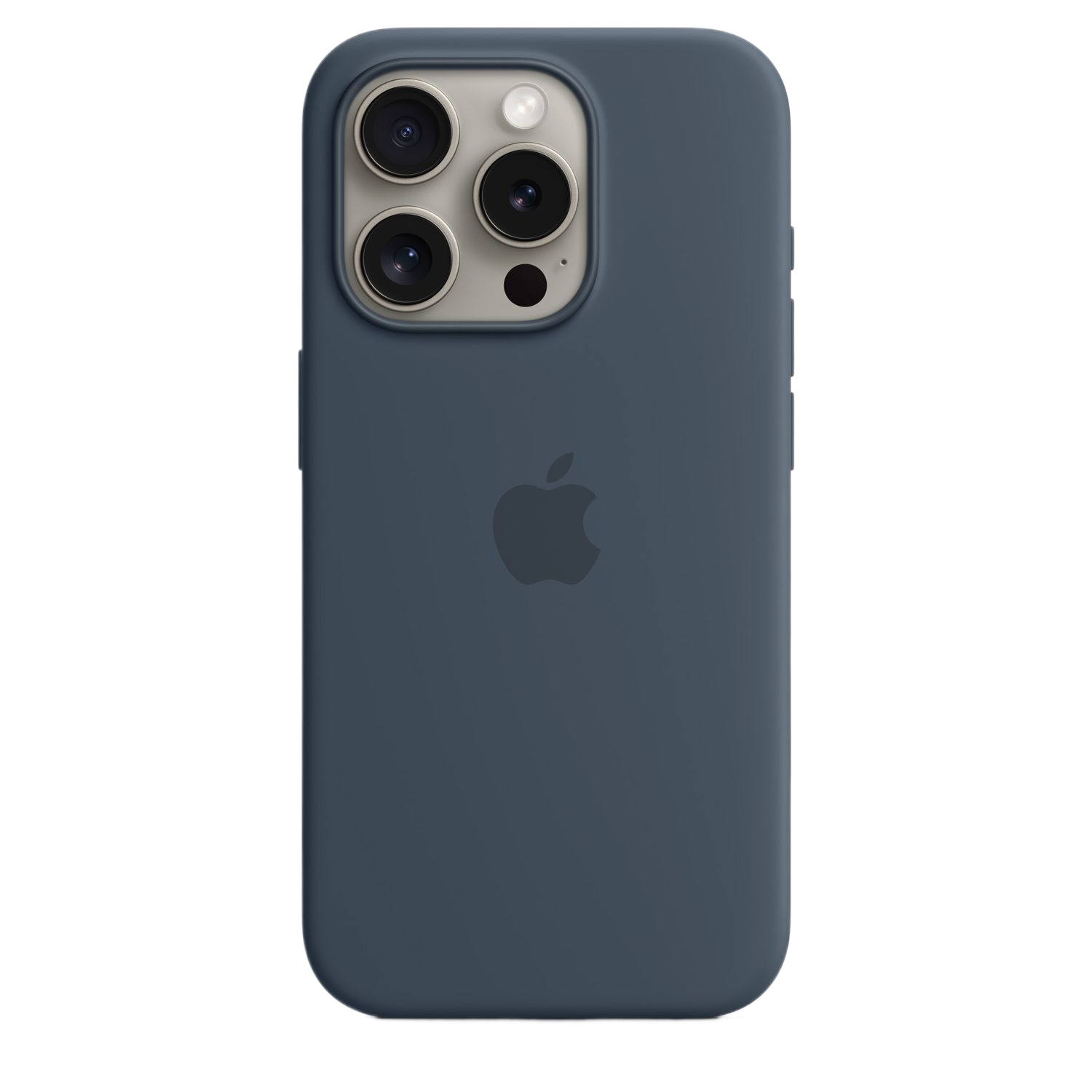 Een donkerblauwe iPhone-hoes met drie cameralenzen en een flitser. Het Apple-logo is zichtbaar.