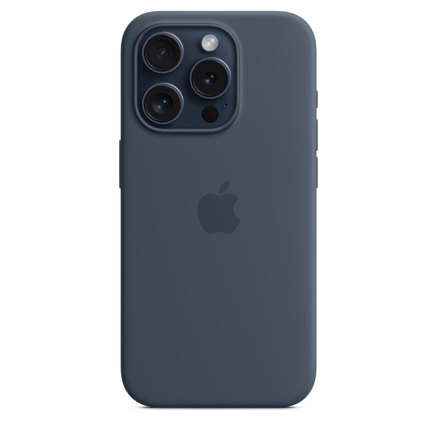 Een donkerblauwe iPhone in een hoesje. Het heeft het Apple-logo en drie camera's, flitser aan de achterkant.
