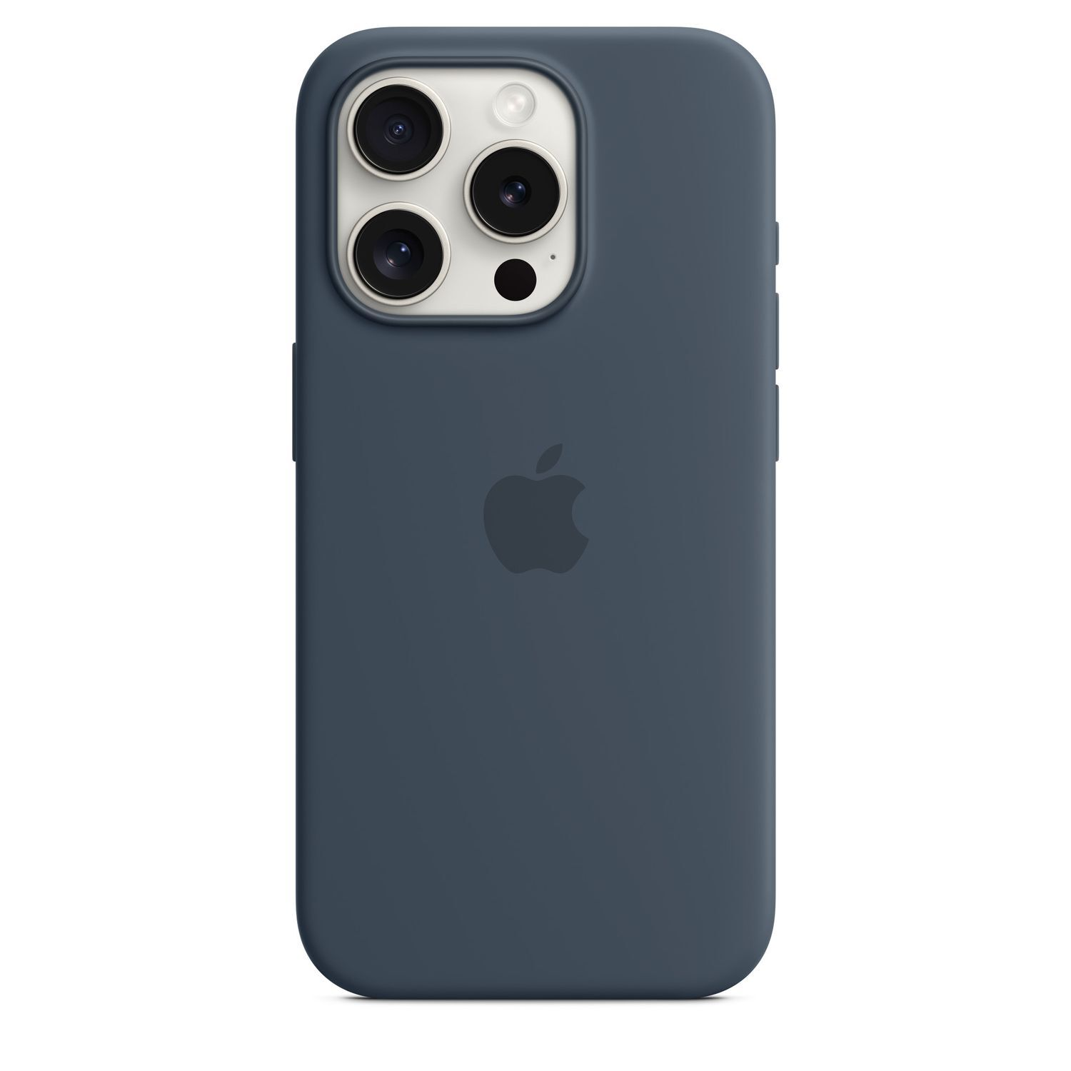 Een donkerblauwe iPhone-hoes. Het heeft een uitsparing voor de camera met drie lenzen en een flitser. Het Apple-logo is zichtbaar.