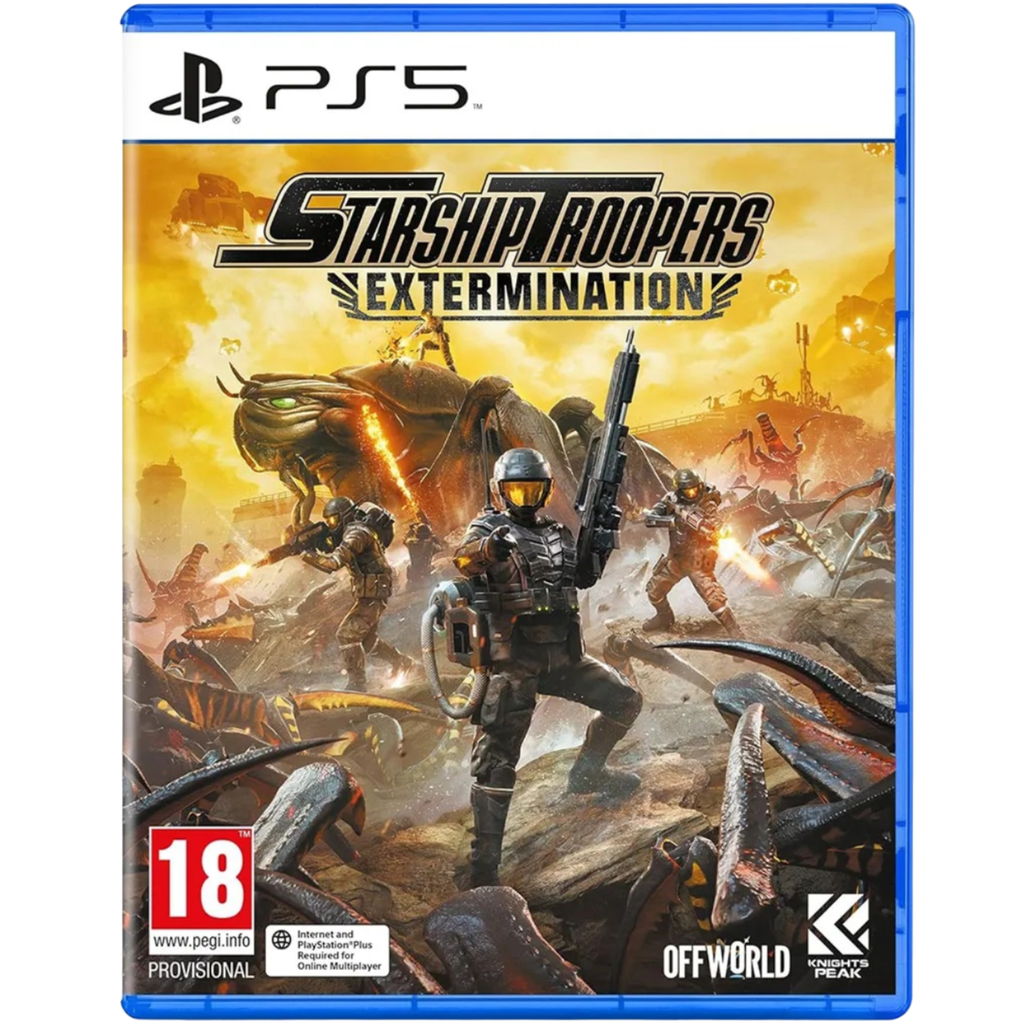 PS5 game cover art: Starship Troopers, soldaten vechten tegen reusachtige insecten, actiescène.