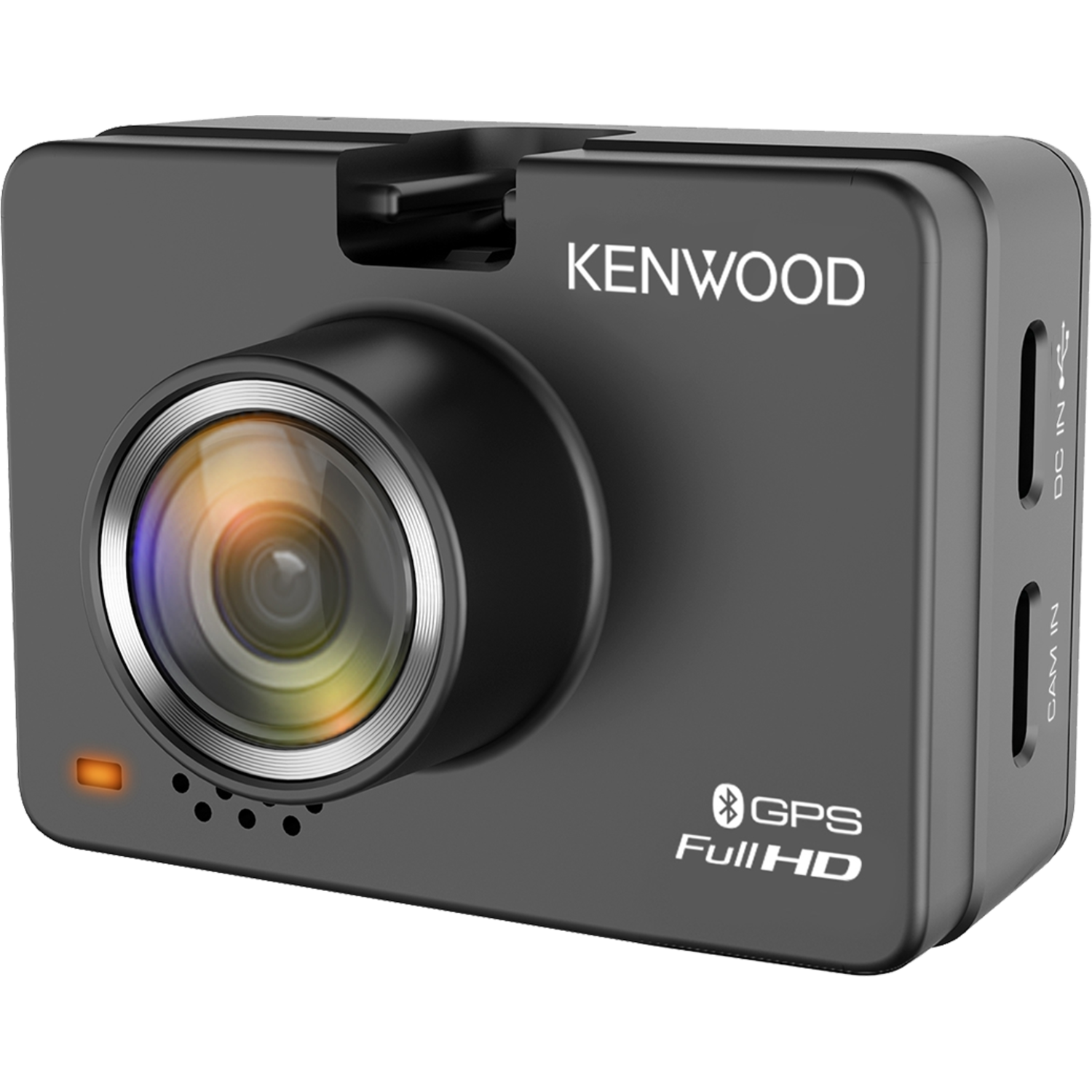 Een zwarte dashcam met een lens, knoppen en een Kenwood-logo.