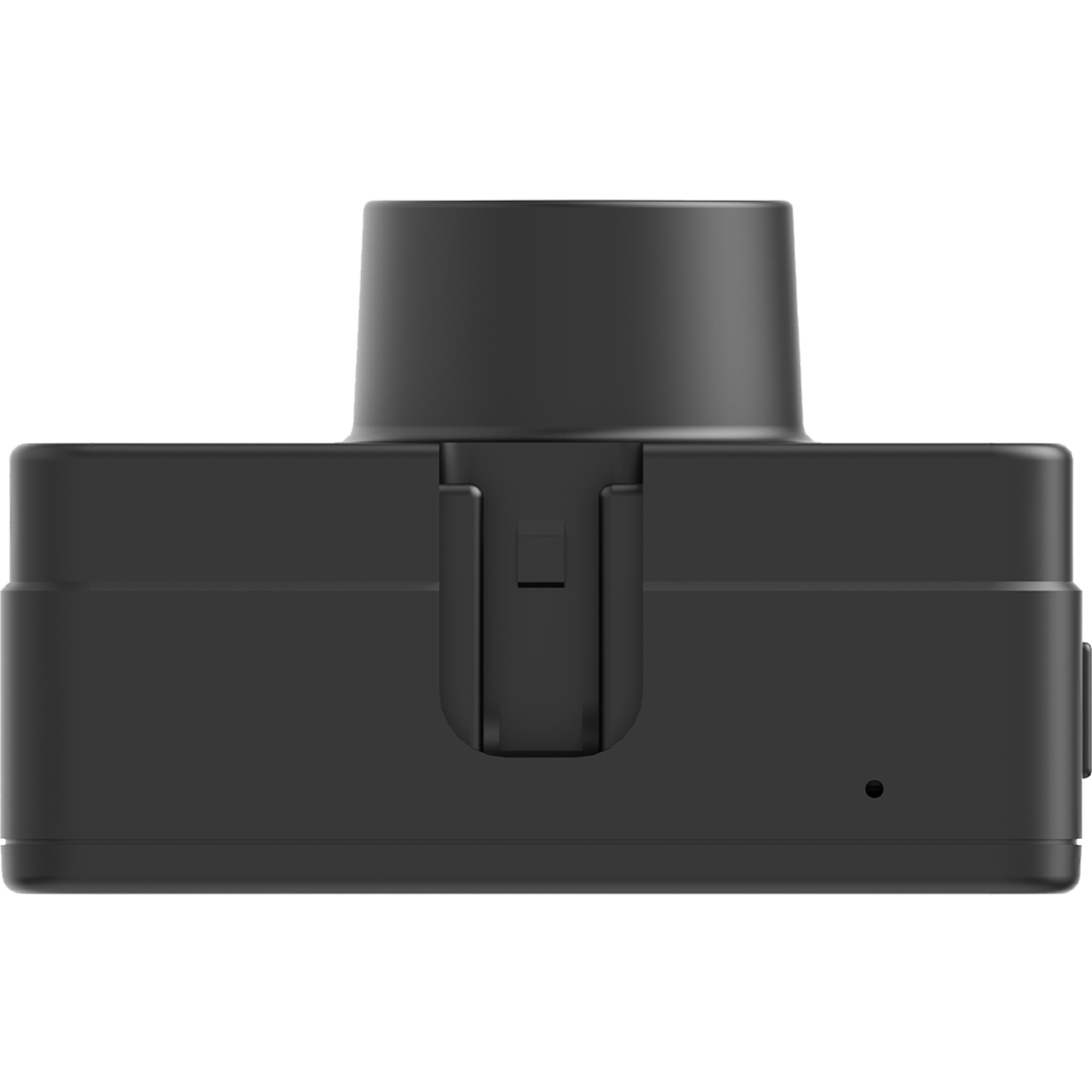 Zwart rechthoekig apparaat, waarschijnlijk een dashcam. Het heeft een lens en een poort.
