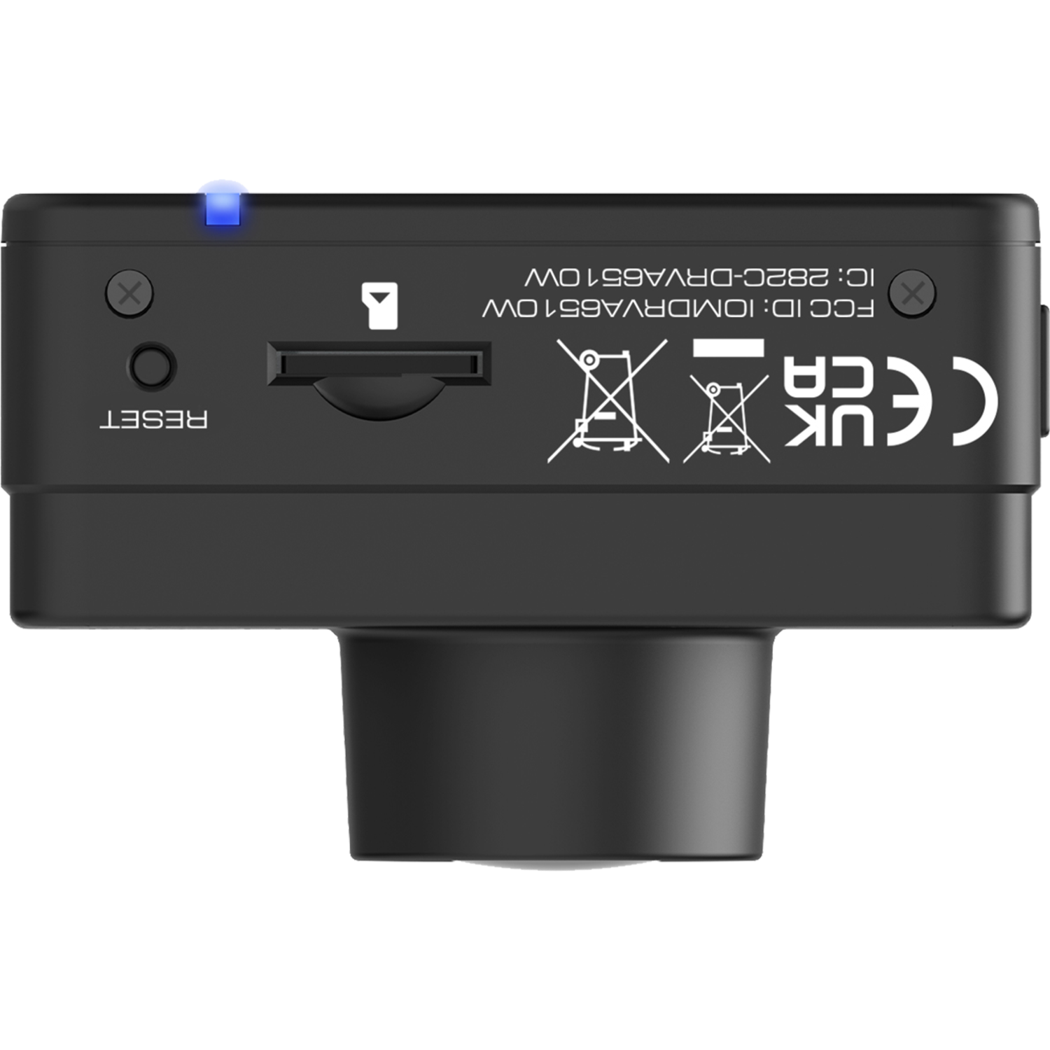 Zwarte camera met tekst en iconen op de achterkant, inclusief een blauw lampje.