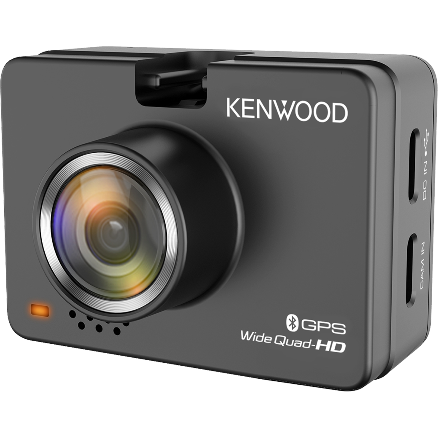Een zwarte dashcam met 'KENWOOD' erop. Hij heeft een lens en verschillende poorten aan de zijkant.