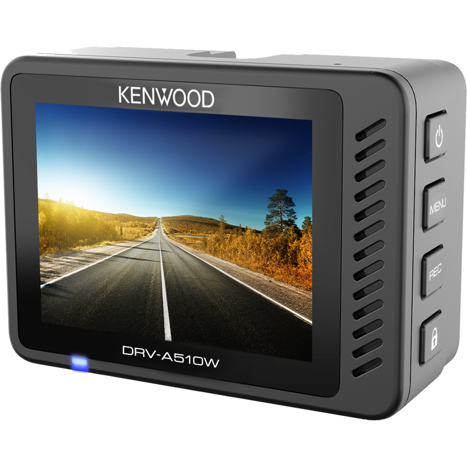 Een zwarte dashcam met een scherm dat een wegscène laat zien.