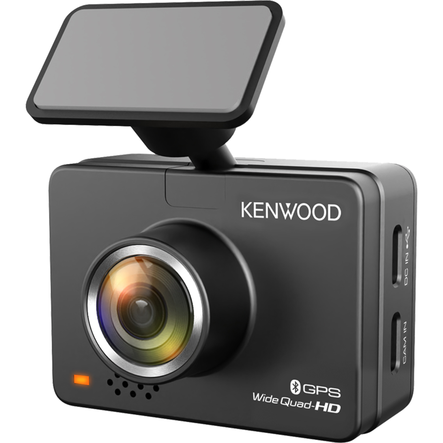 Kenwood dashcam, zwart, met LCD-scherm en lens. GPS en Wide Quad-HD aangegeven.