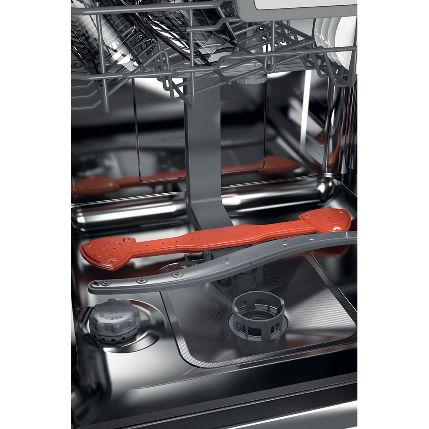 Primo piano dell'interno di una lavastoviglie con bracci irroratori rossi e grigi. L'interno è metallico.
