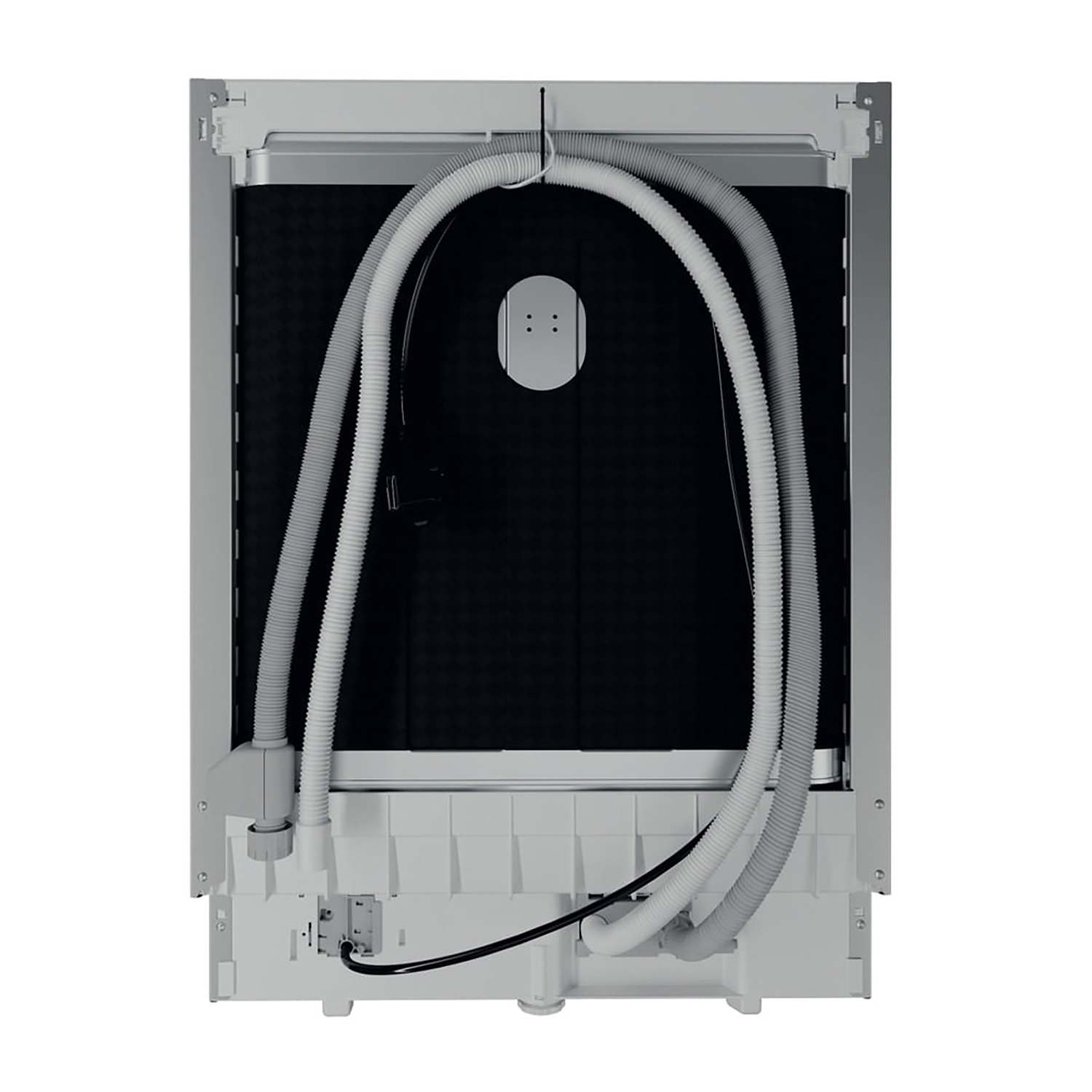 Il retro di una lavastoviglie. Ha un pannello isolante nero e i tubi sono visibili.