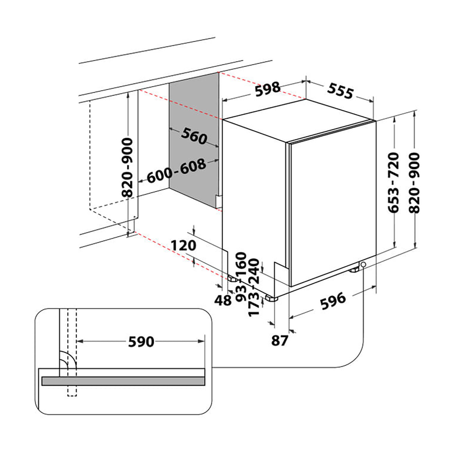 Diagramma della lavastoviglie con dimensioni e misure. Sfondo bianco.