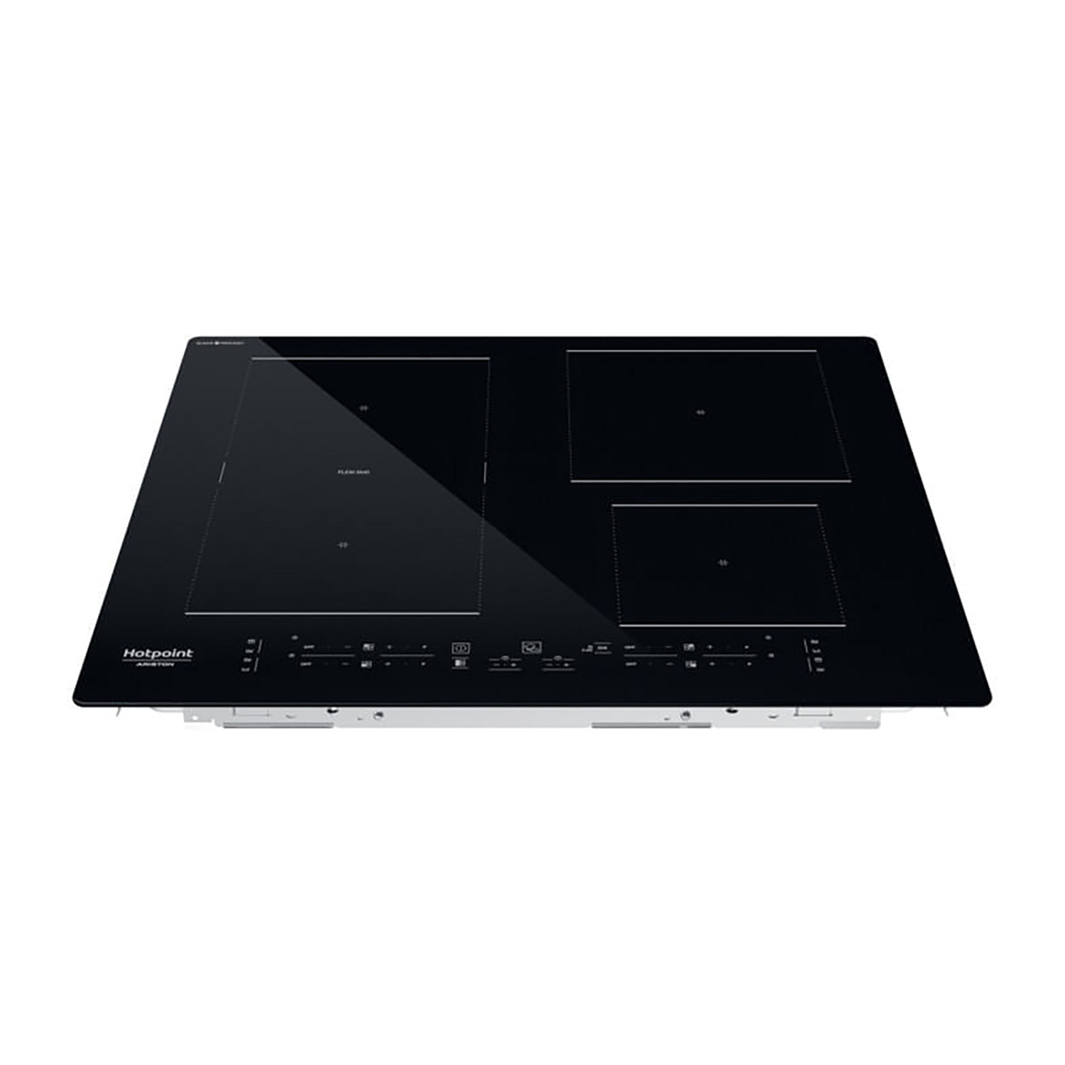 Piano cottura a induzione Hotpoint nero con quattro zone cottura. Comandi in basso.