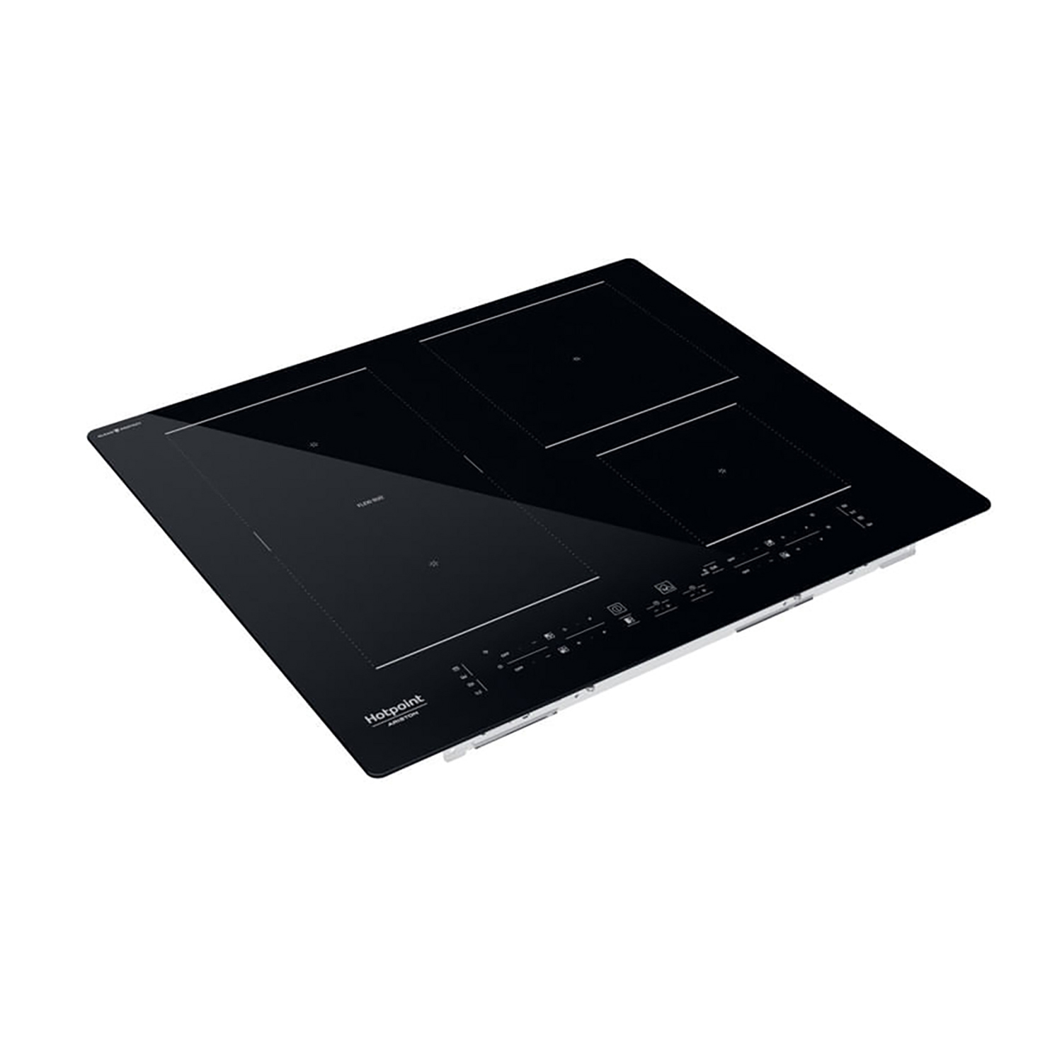 Piano cottura a induzione nero da incasso con quattro zone cottura e comandi touch, vista angolata.