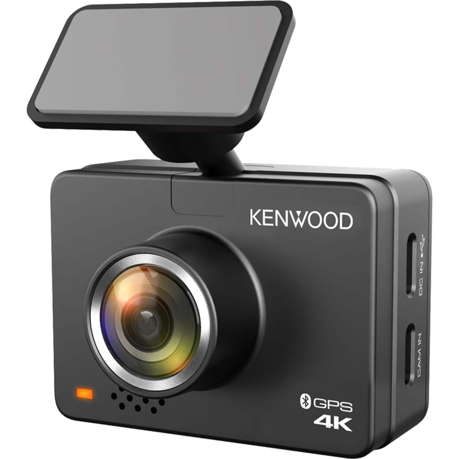 Zwarte Kenwood dashcam met scherm. Met Kenwood-logo, GPS, 4K en Bluetooth. DC in, Cam in poorten zichtbaar.