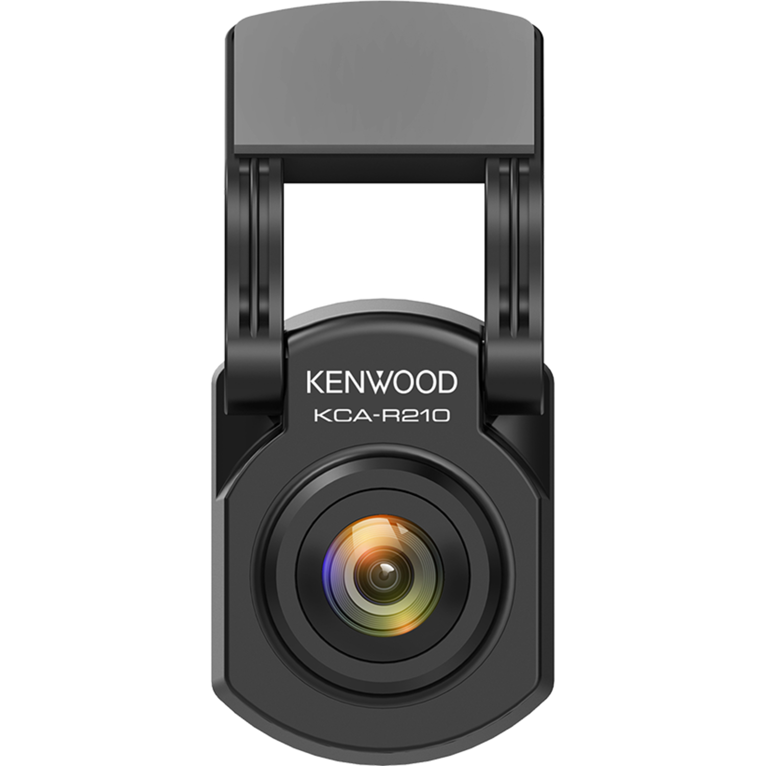 Zwarte Kenwood KCA-R210 dashcam. Het heeft een lens en het Kenwood-logo is gecentreerd. Zwarte achtergrond.