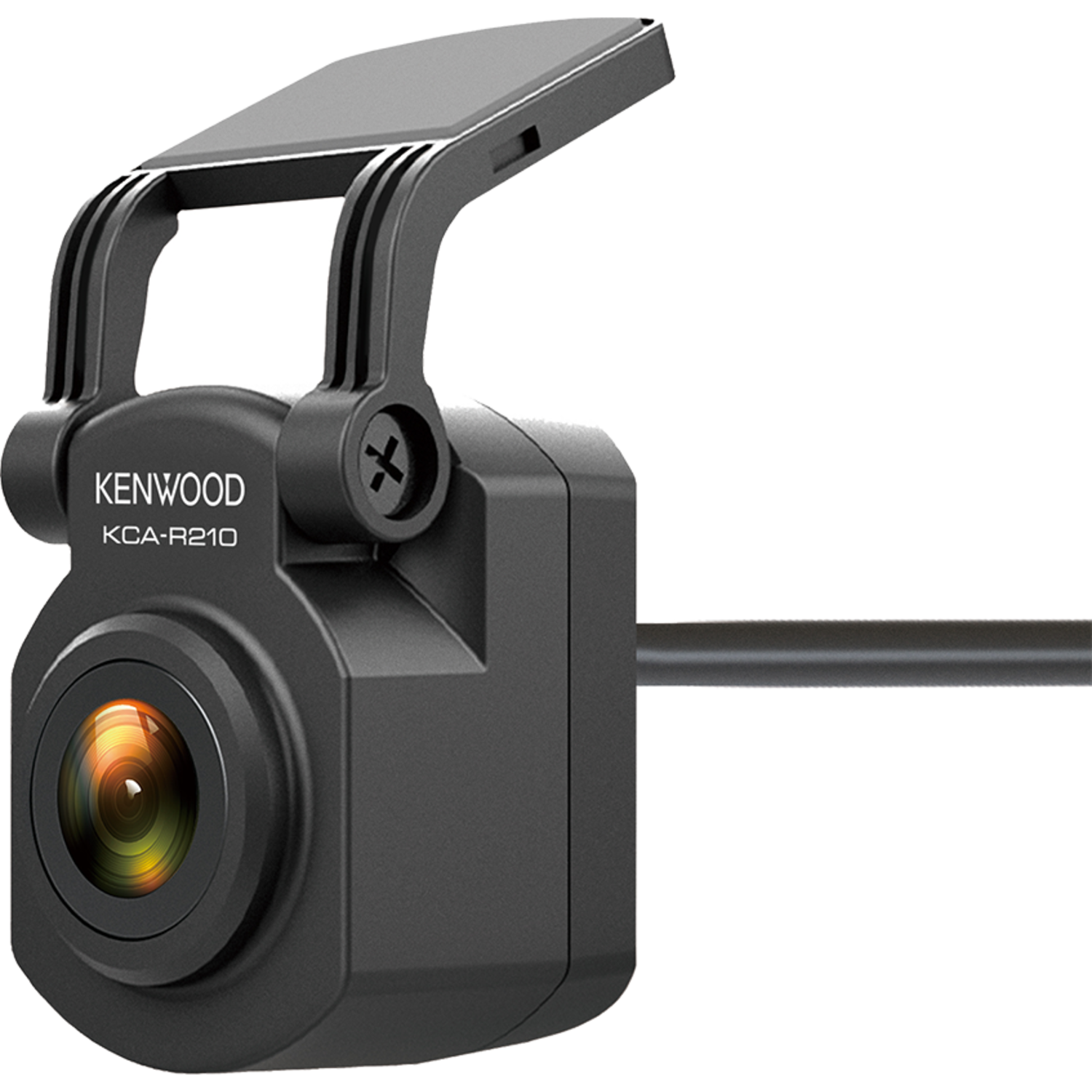 Zwarte Kenwood KCA-R210 dashcam met een lens, houder en kabel.