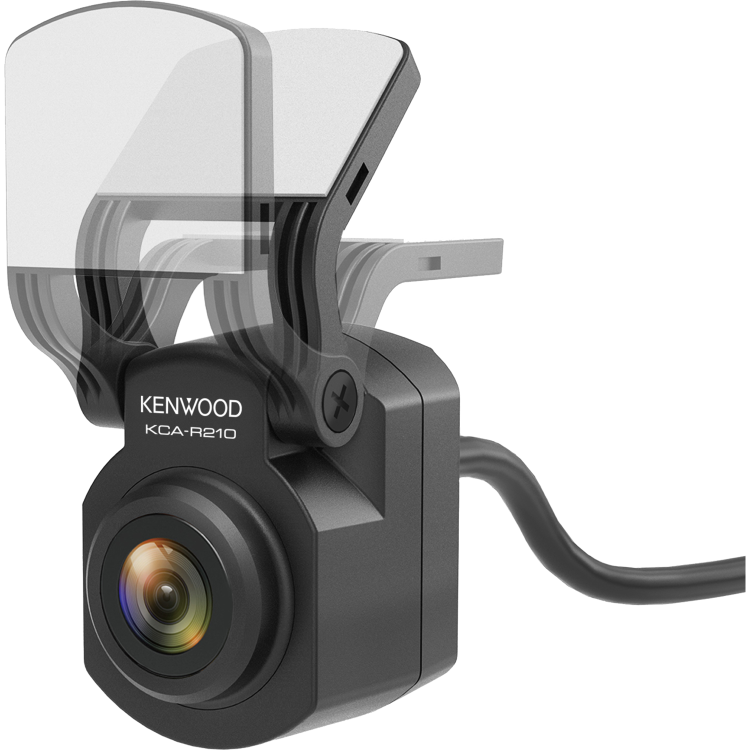 Kenwood dashcam met een transparante hoes. Zwarte en grijze kleuren.