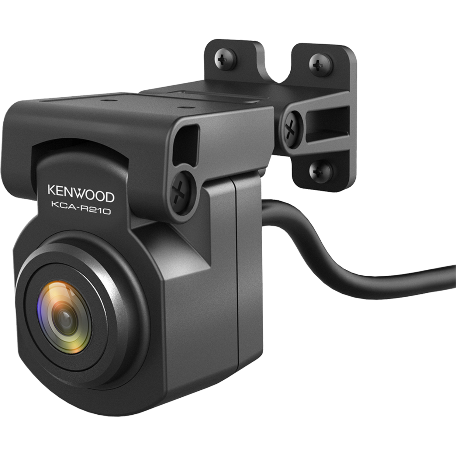 Zwarte Kenwood dashcam met cameralens en montagebeugel.