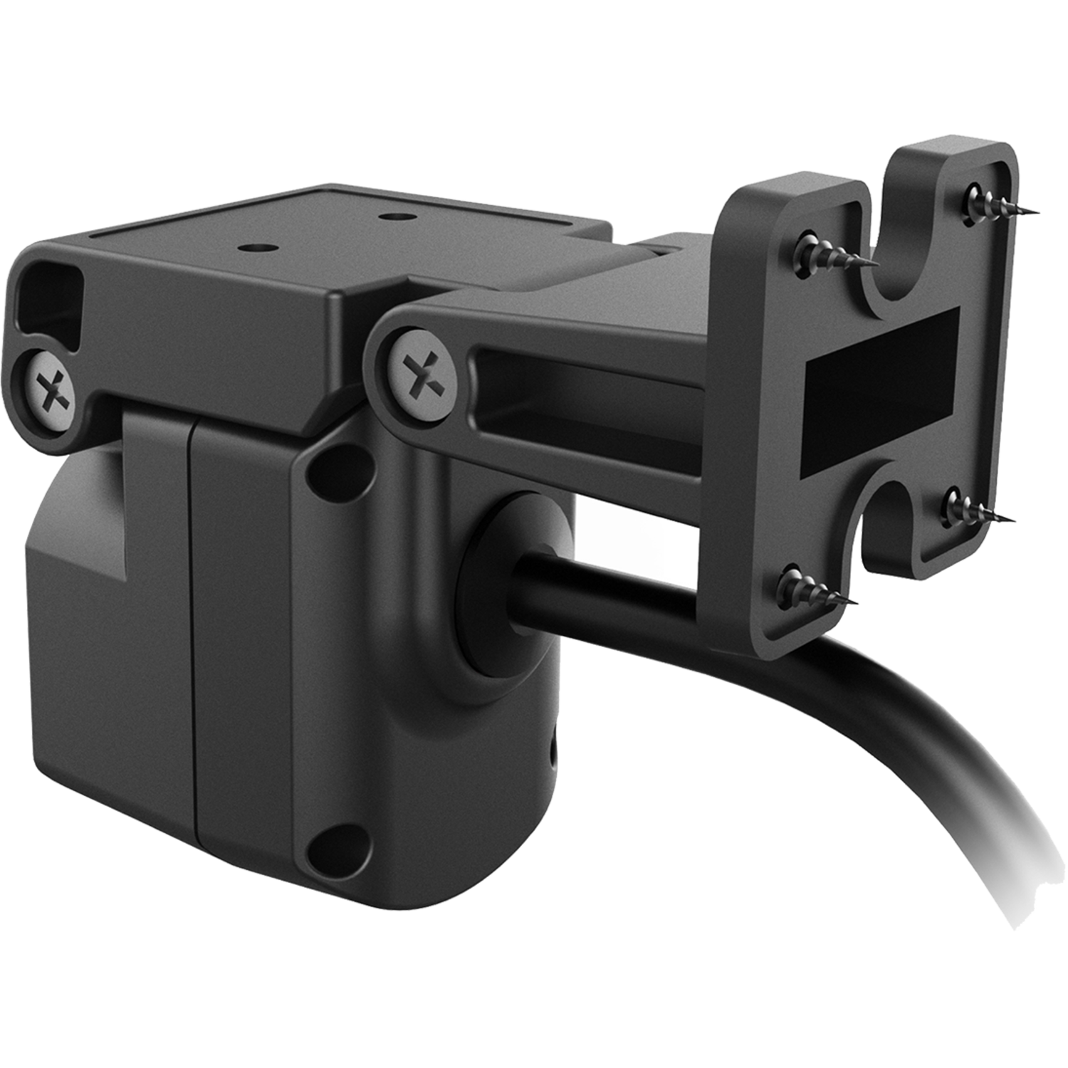 Zwart mechanisch apparaat met roterende arm en montagebeugel. Zwarte kabel komt uit het apparaat.