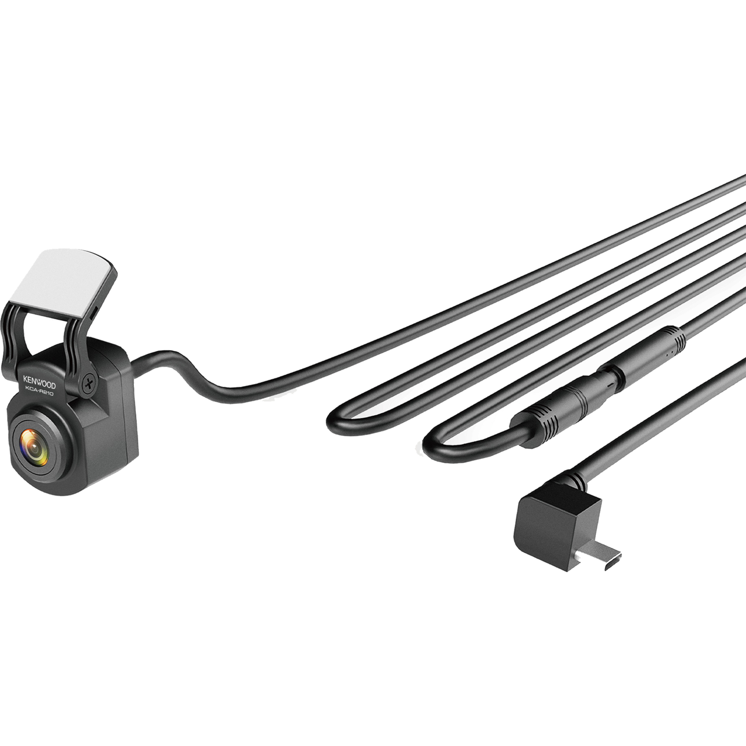 Een dashcam met zijn componenten, inclusief de camera zelf, draden en een connector, op een zwarte achtergrond.