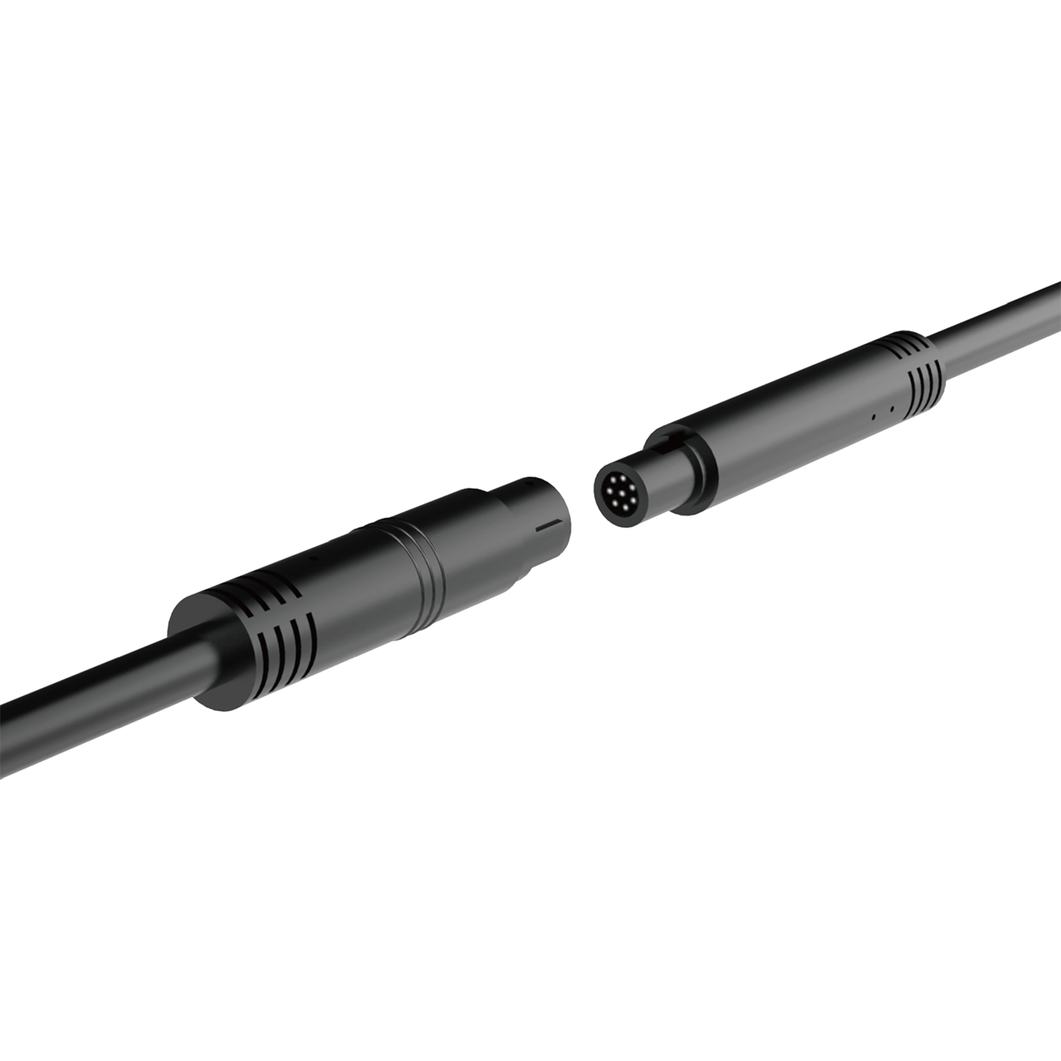 Twee zwarte connectoren, een met pinnen, zijn gescheiden tegen een zwarte achtergrond. Kabels lopen van elke connector.