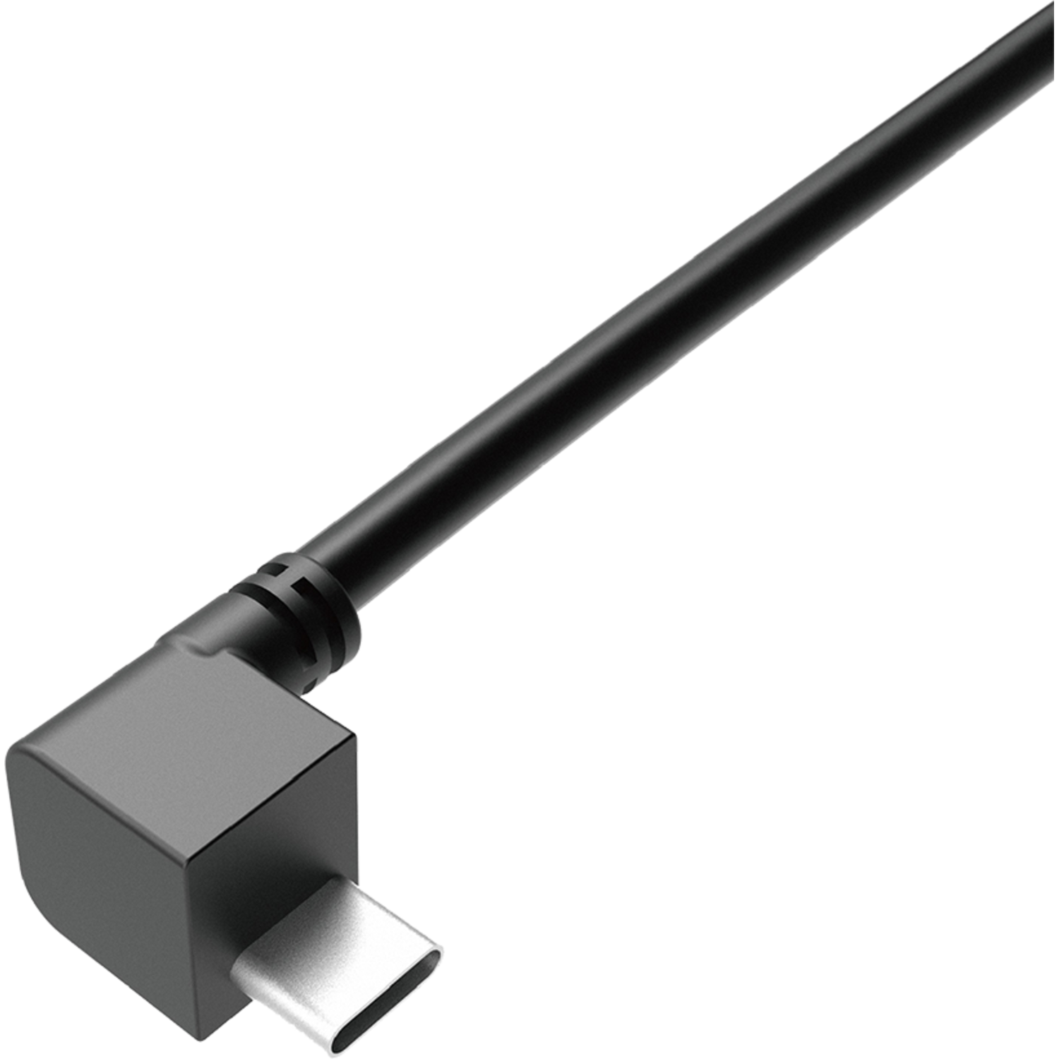 Zwart en zilver USB-C-kabel met een 90-graden hoekconnector.