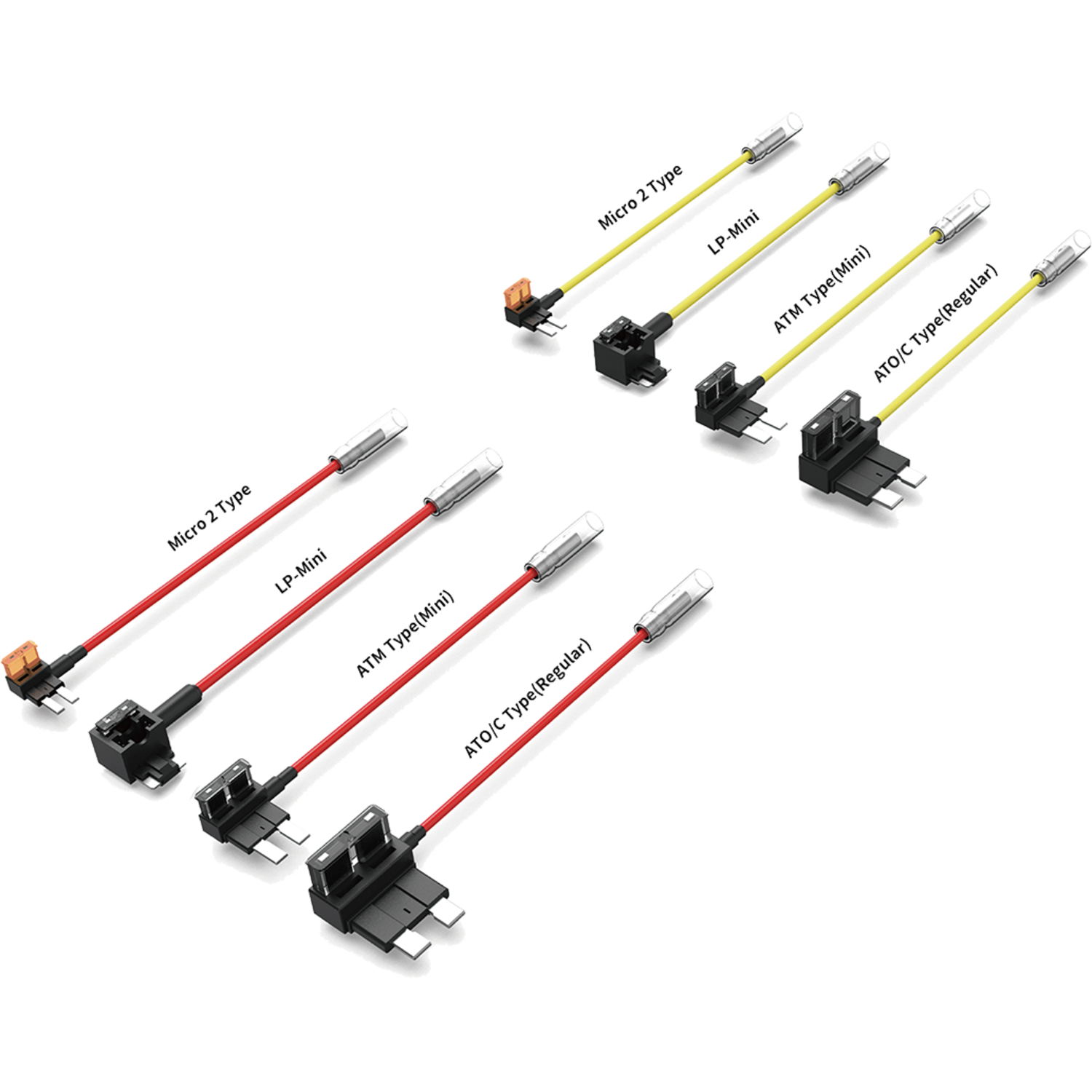 Assortment of automotive fuse taps in various configurations, on a black background.