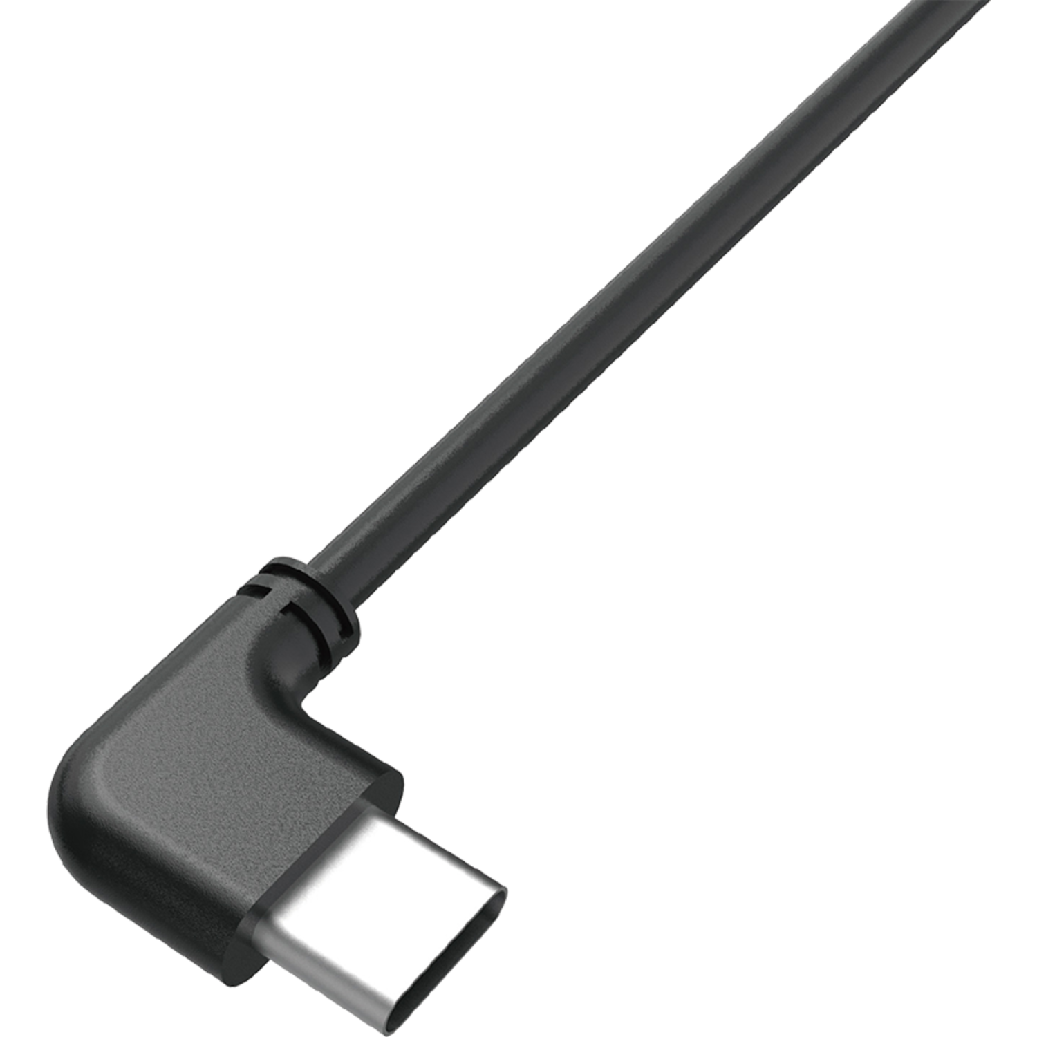 A black USB-C cable with an angled connector against a black background.