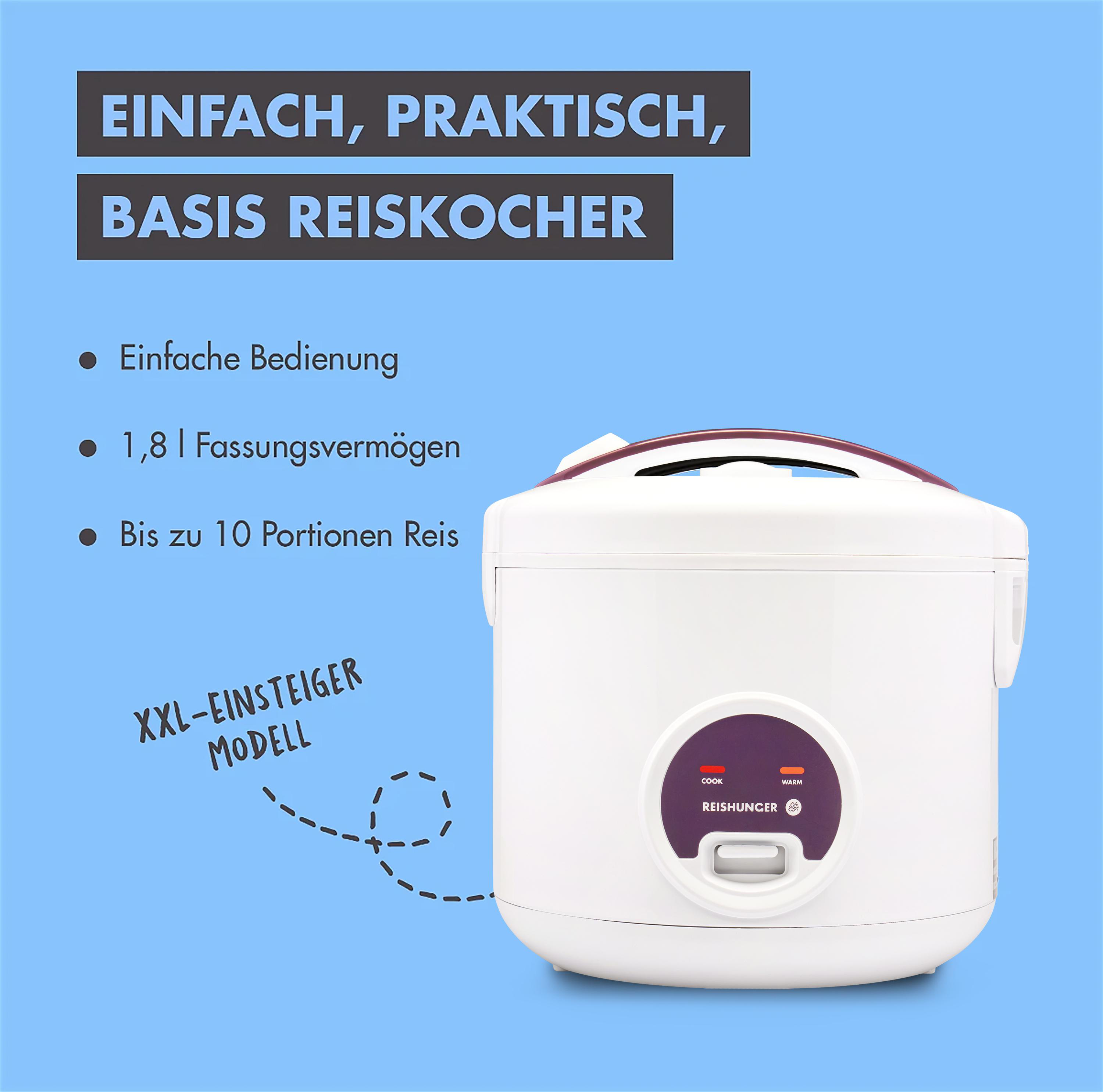 Weißer Reiskocher mit Text zur Beschreibung der Eigenschaften und einer Grafik.