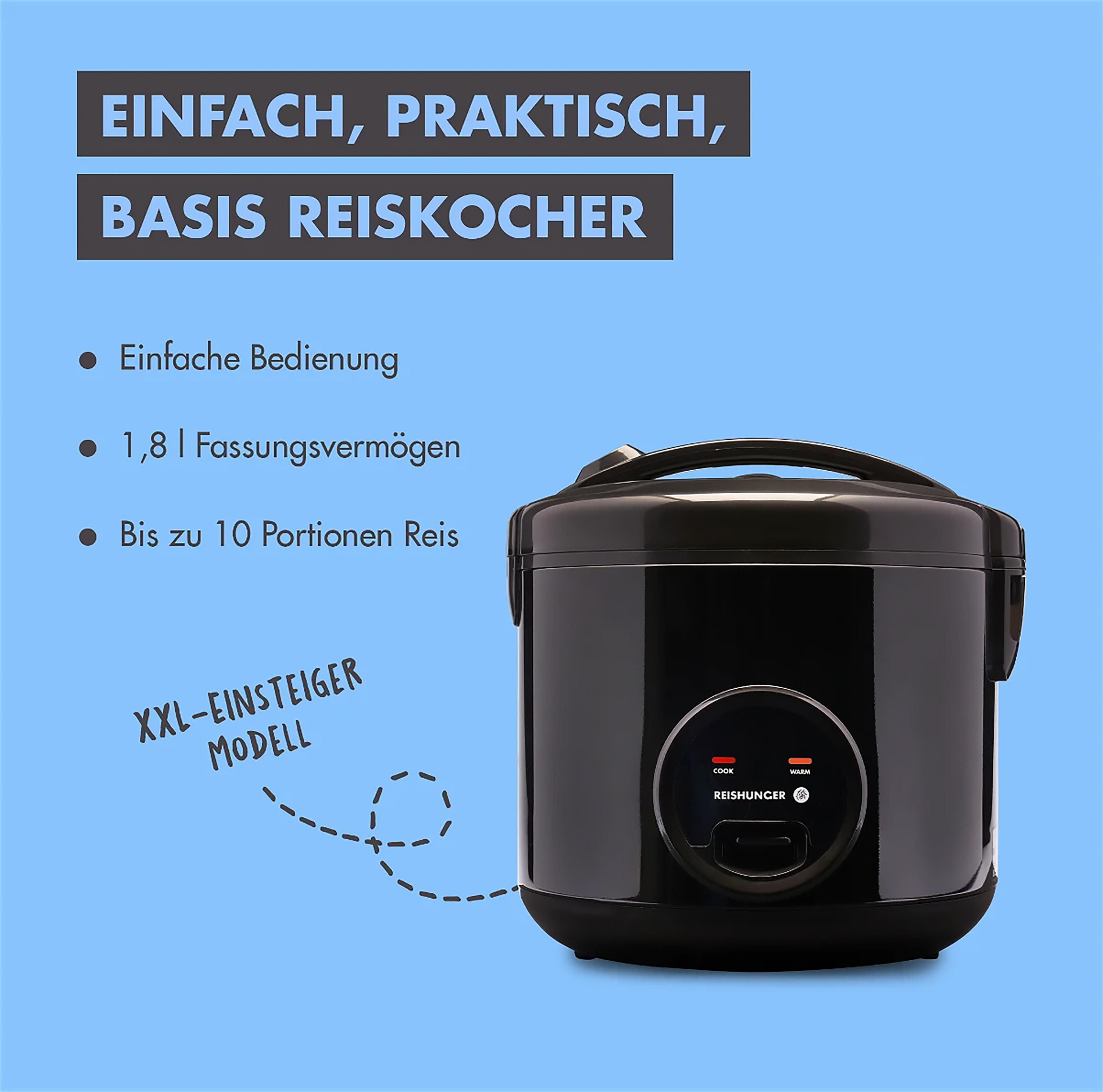 Schwarzer Reiskocher mit Text über Funktionen.