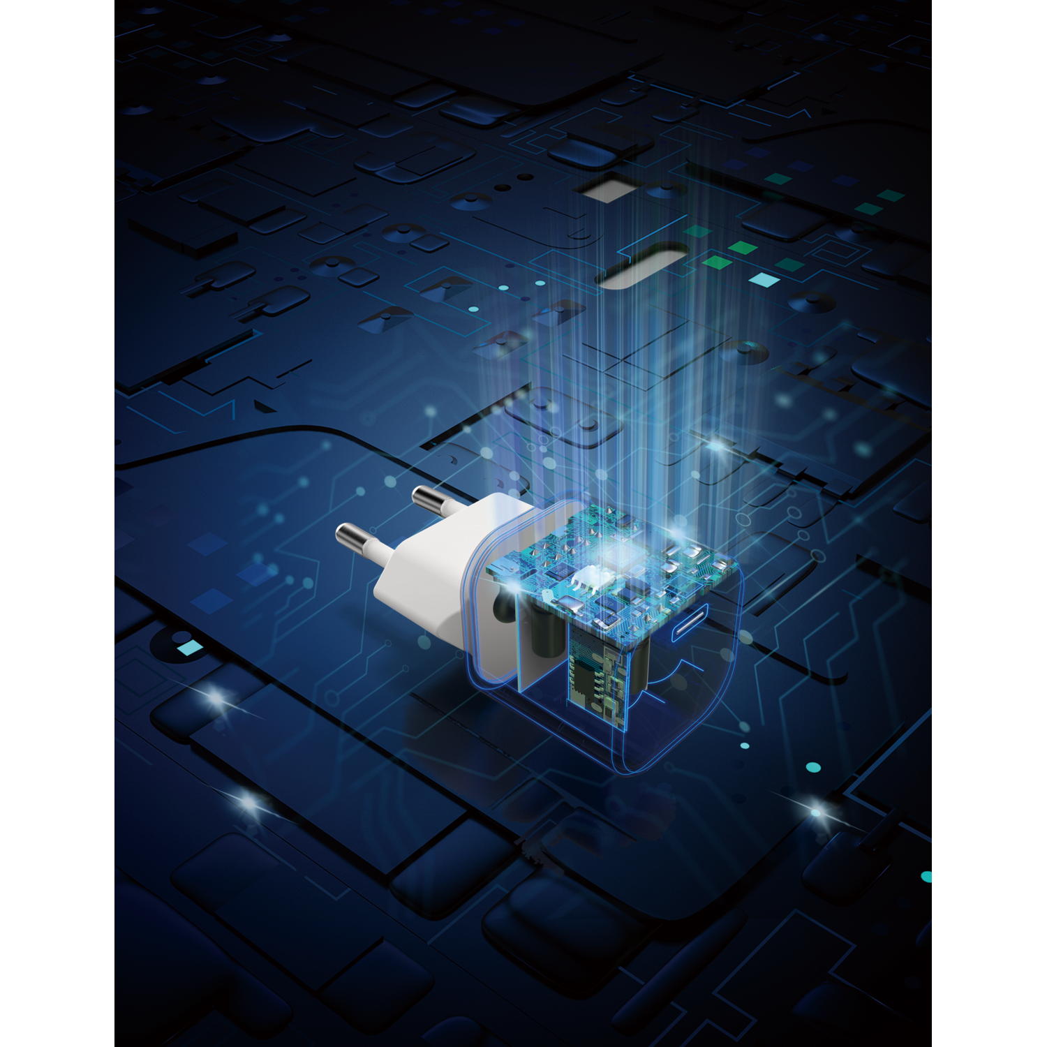 A white and transparent power adapter with internal circuits, emitting blue light, rests on a circuit board background with a dark blue hue.