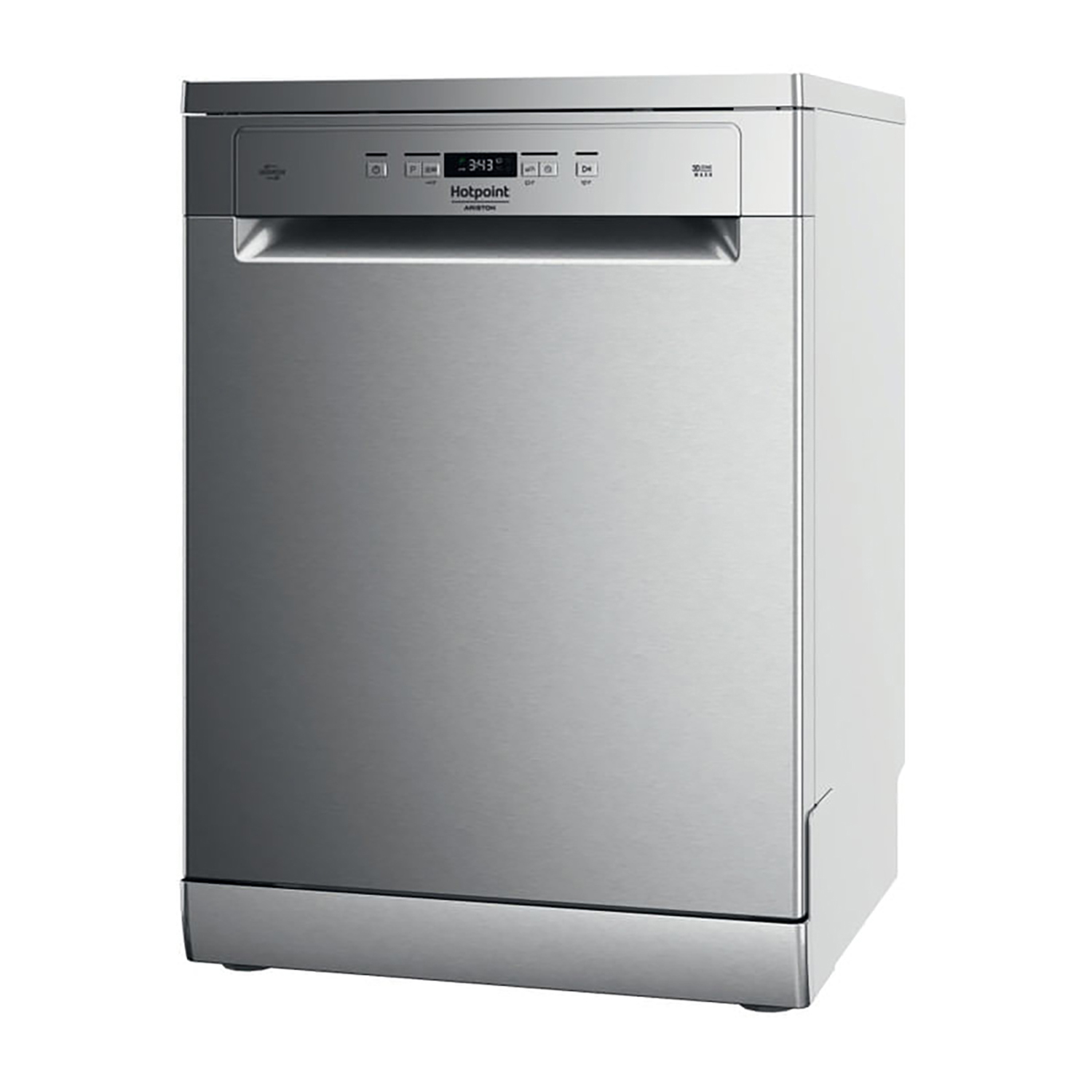 Una lavastoviglie Hotpoint Ariston argento. Il pannello frontale ha un display e pulsanti.