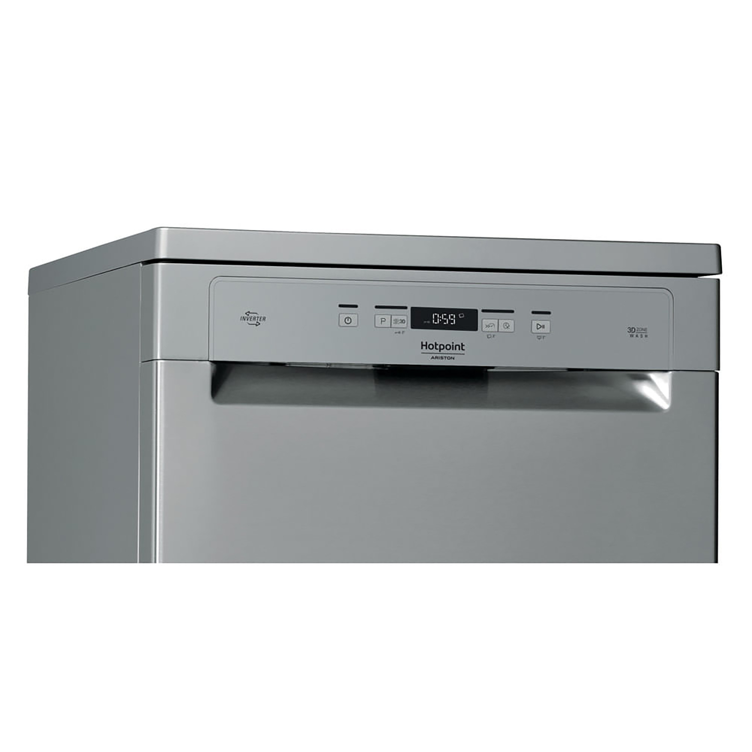 Un pannello di controllo per lavastoviglie Hotpoint argentato con display digitale.