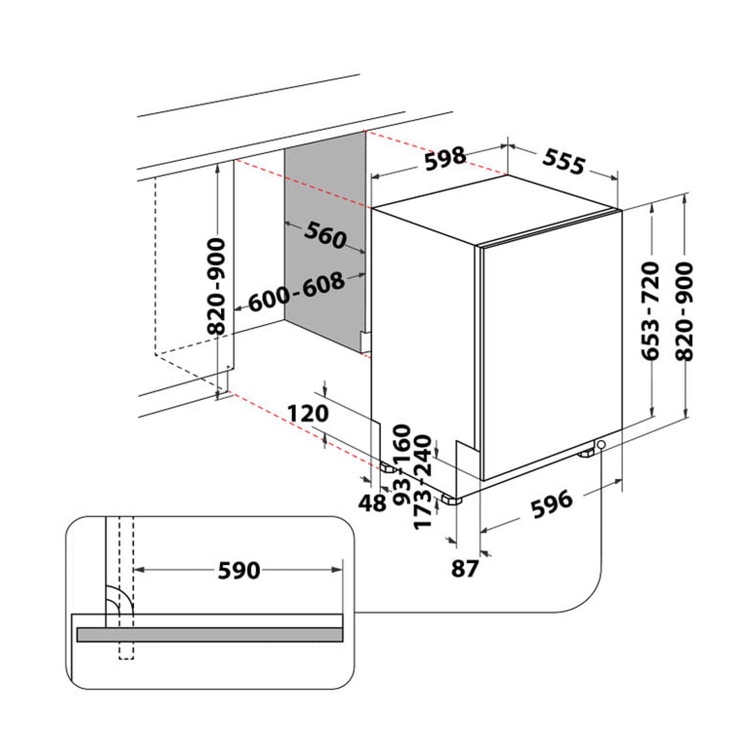Disegno tecnico di una lavastoviglie, che mostra le dimensioni per l'installazione e il layout.