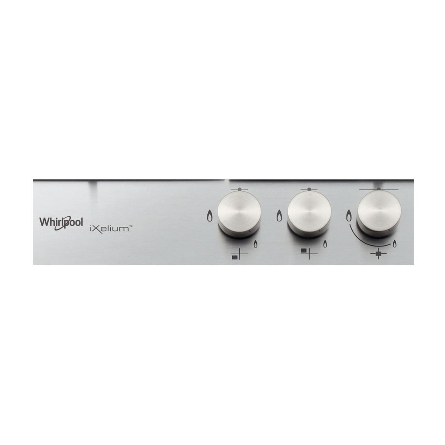 Primo piano delle manopole di controllo del piano cottura argentato. Mostra i marchi Whirlpool e iXelium.