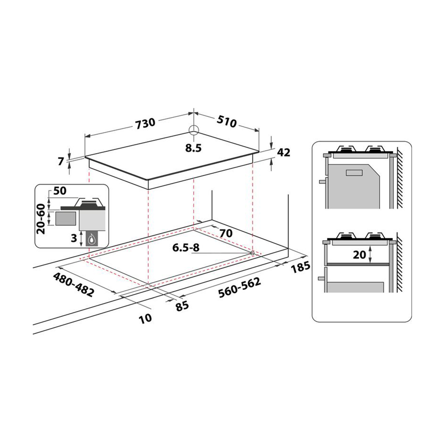 Disegno tecnico di un piano cottura con dimensioni e diagrammi. Include viste laterali e superiori.