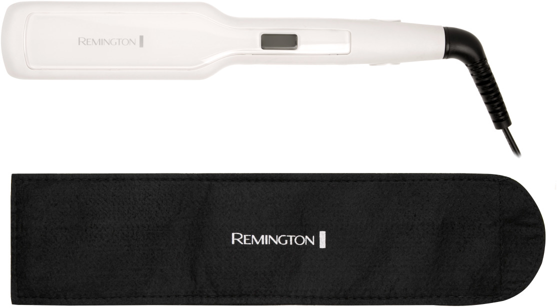 Fer à lisser Remington blanc avec cordon noir et étui noir avec le logo Remington.