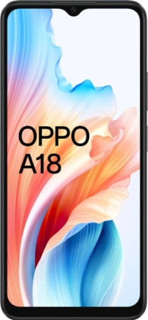 Czarny smartfon z kolorowym tłem i tekstem OPPO A18.