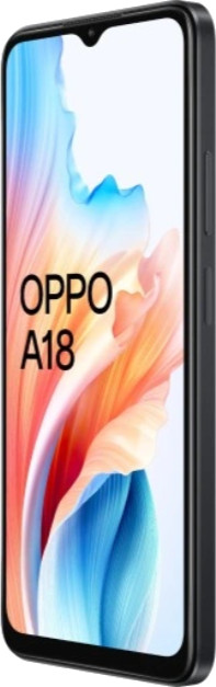 Czarny telefon Oppo A18. Ekran wyświetla kolorowy, abstrakcyjny wzór.