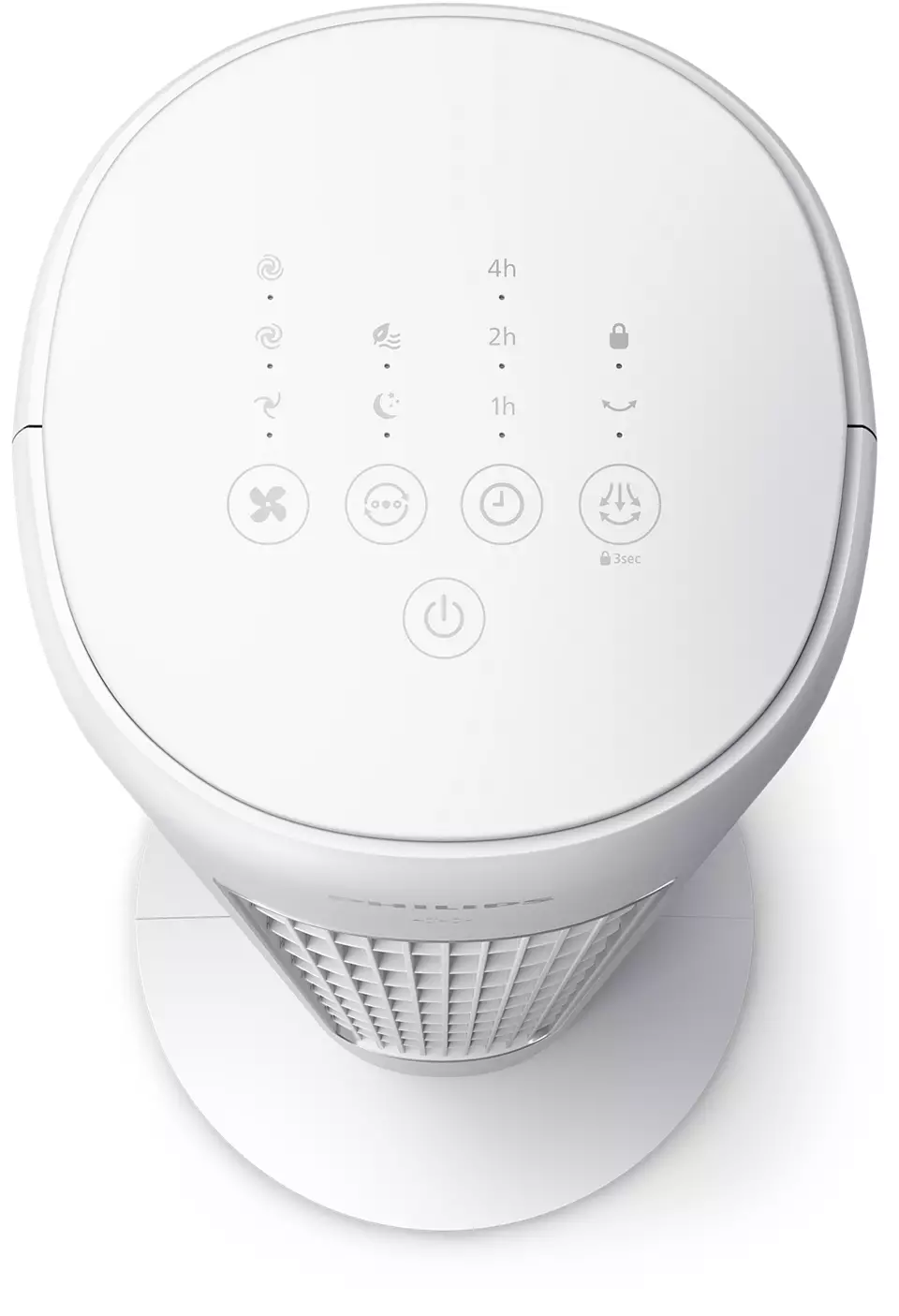 Fehér ventilátor a tetején lévő vezérlőpanellel. Funkciók: ventilátorsebesség, időzítő és bekapcsológomb. Fehér háttér.