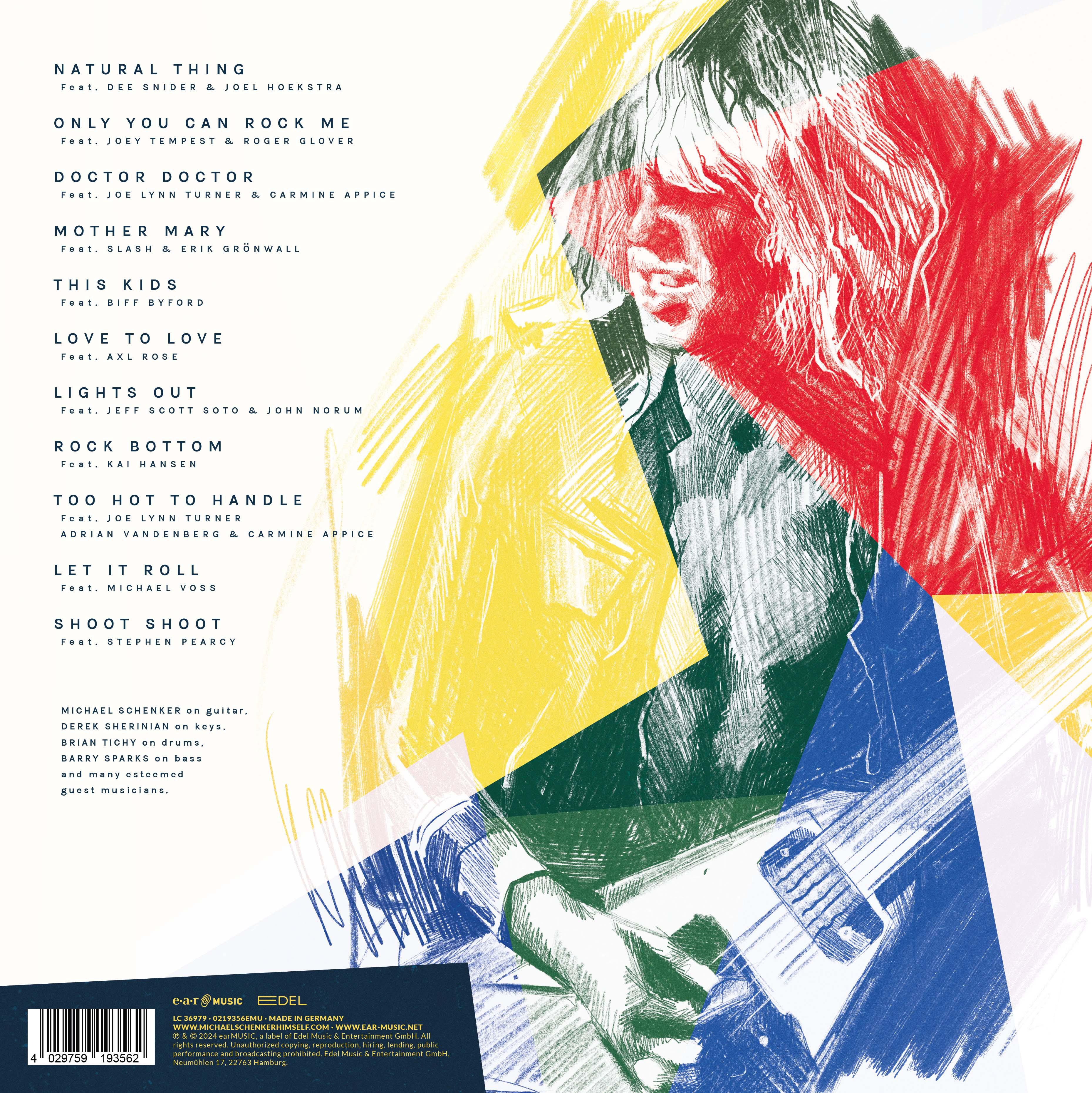 Albumcover mit Mann, der Gitarre spielt, und buntem Text-Overlay.