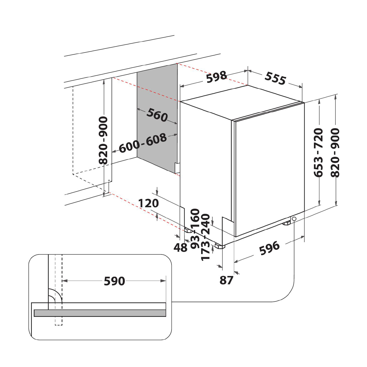 Un diagramma tecnico di una lavastoviglie con dimensioni.